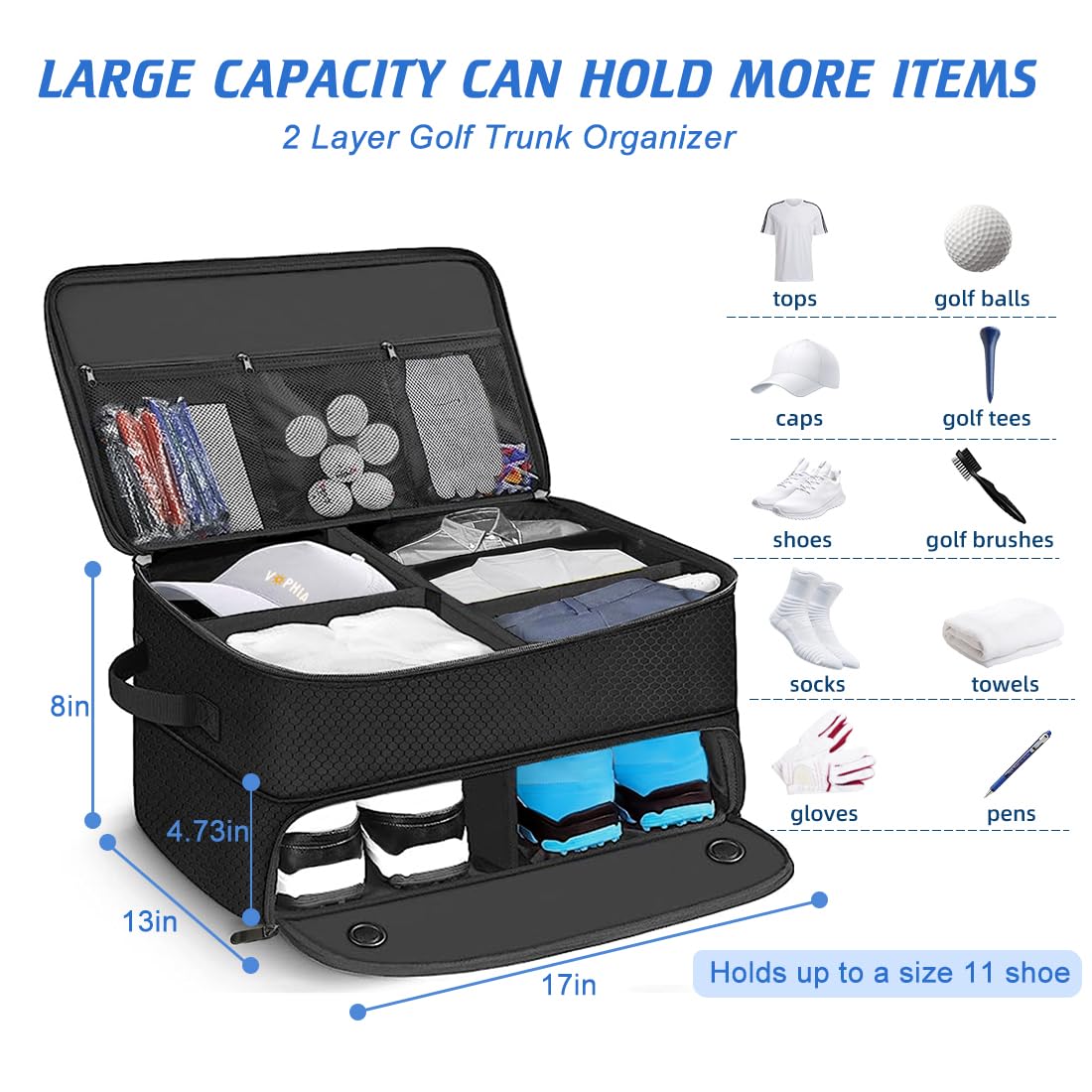 VOPHIA Organizer per Bagagliaio da Golf a 2 Strati con Scomparto Separato per 2 Paia di Scarpe da Golf Impermeabile armadietto da Golf per riporre Accessori da Golf Pieghevole e Pieghevole da Viaggio