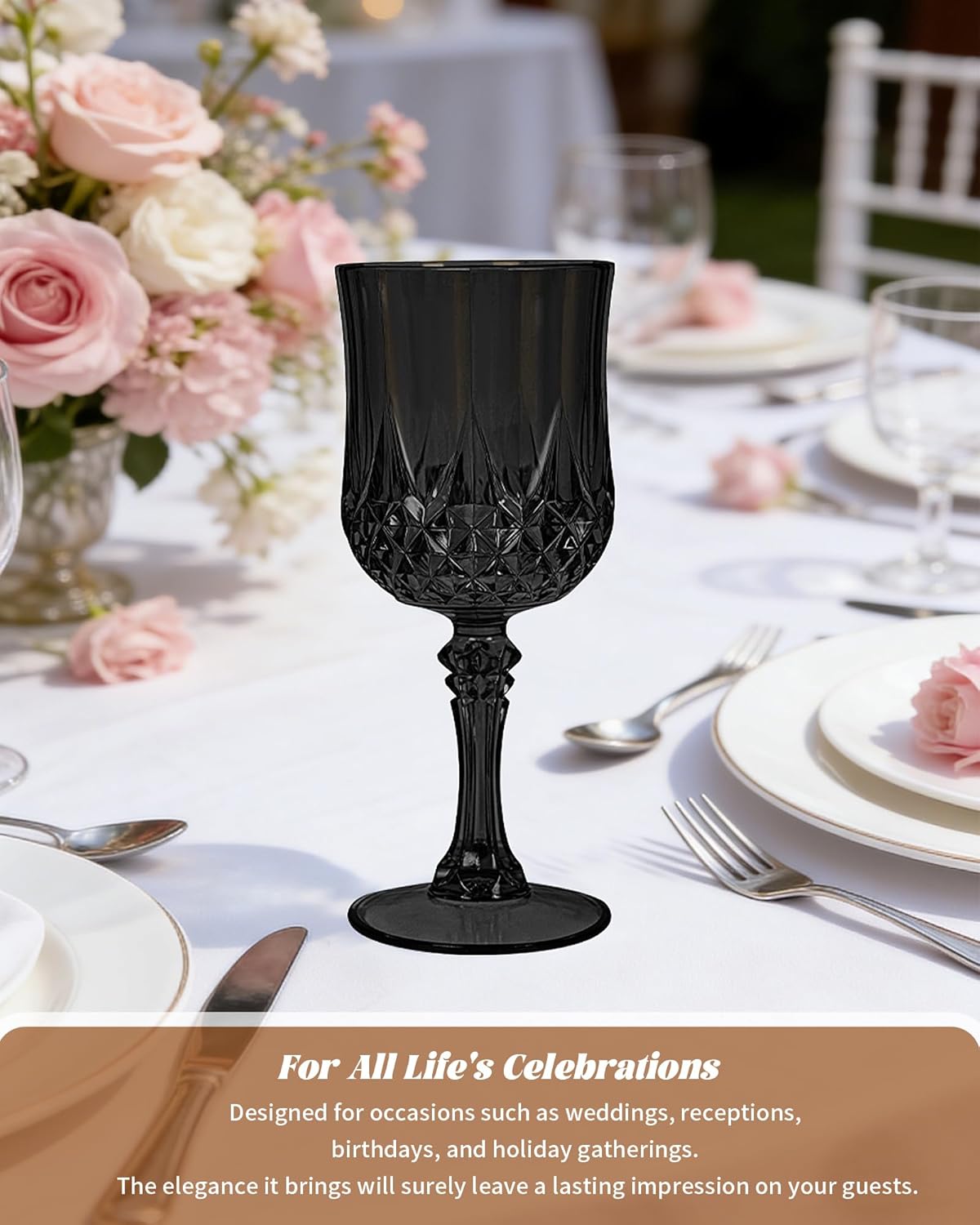 Teruntrue 24 Pcs Black Plastic Wine Glasses Vintage Wine Glass for Parties Crystal Plastic Goblets Drinking Glasses Reusable Drinkware for Wedding, Valentine’s Day, Parties, Grand Event