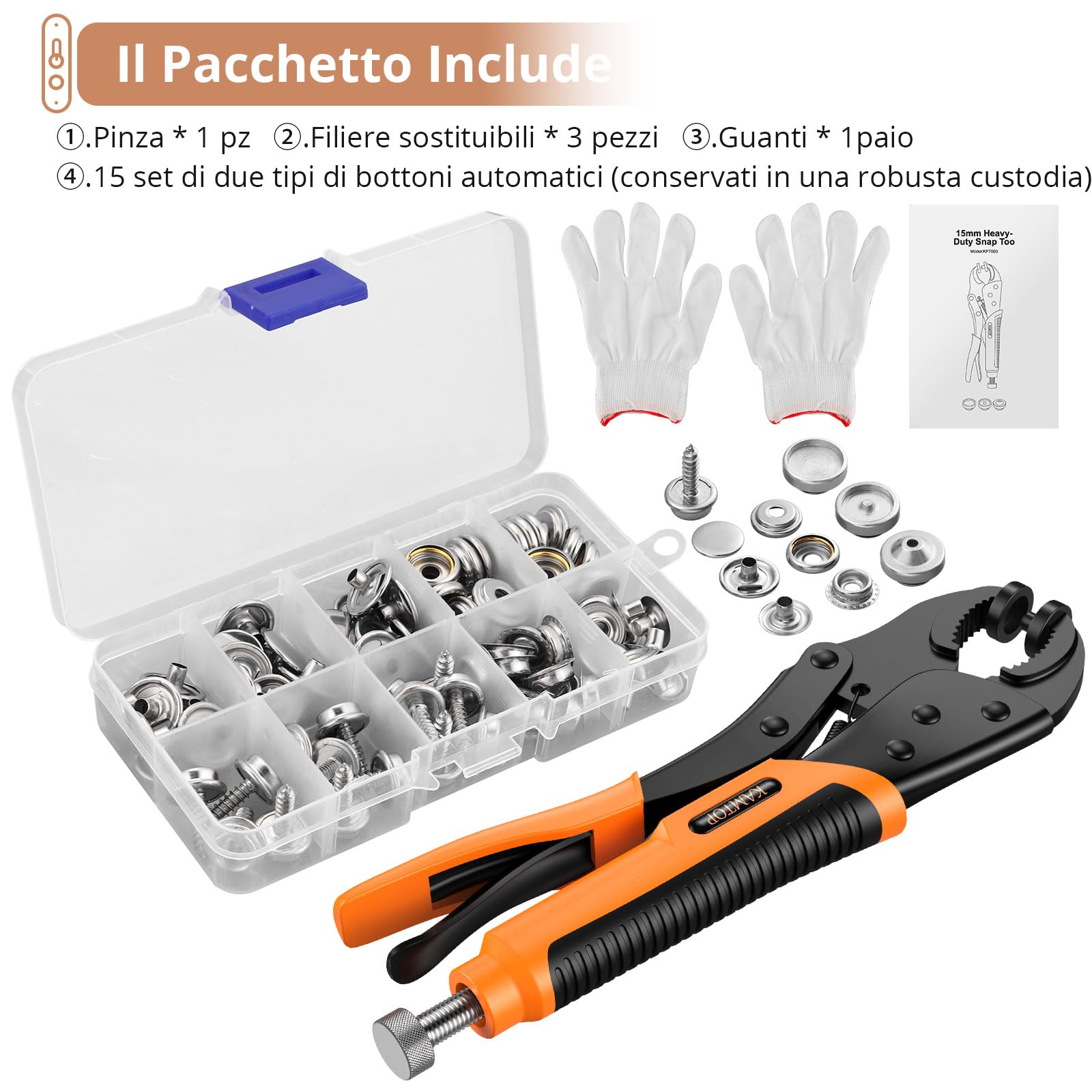 Kamtop Pinze per Bottoni a Pressione Set con 30 PZ Bottoni Automatici a Pressione in Metallo Senza Cucito Pressione con Pinze per Fai da Te Abiti Borse Jeans Vestiti Ecc