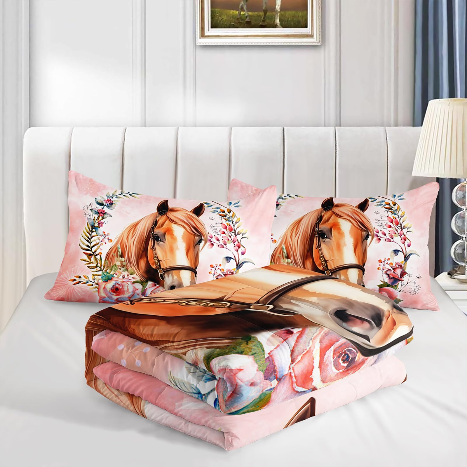 AILONEN Hermoso juego de edredón de caballo, tamaño Queen, juego de cama de caballo con aro floral para niños y niñas, juego de edredón de animales kawaii, cama temática rosa en una bolsa, microfibra