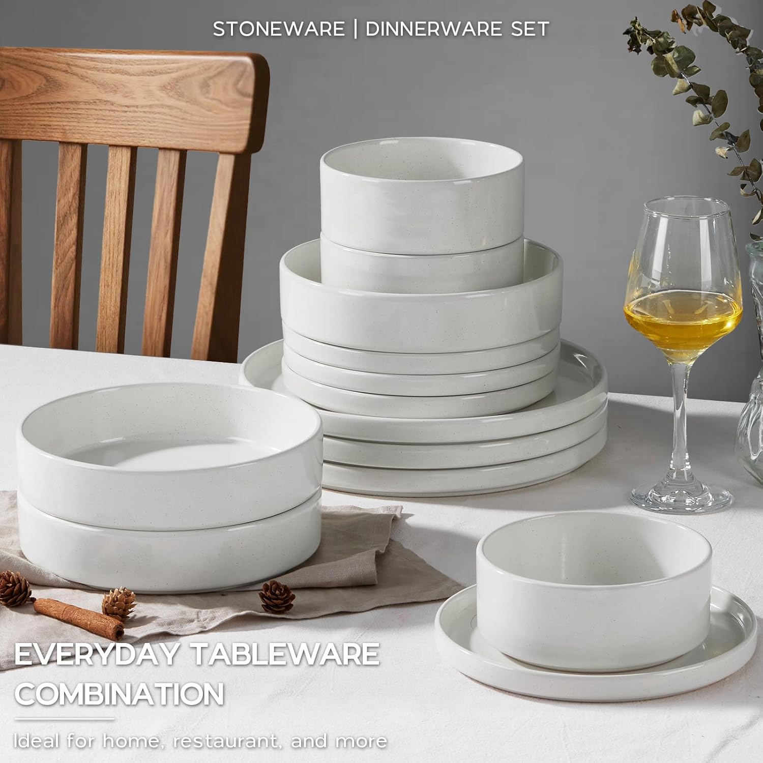 Stoneware Dinnerware Sets for 2, Onader Speckled Plates and Bowls, 8 Pieces Ceramic Dish Dinner Set with Pasta Bowl, Microwave & Dishwasher Safe - Cloud White - Image 8
