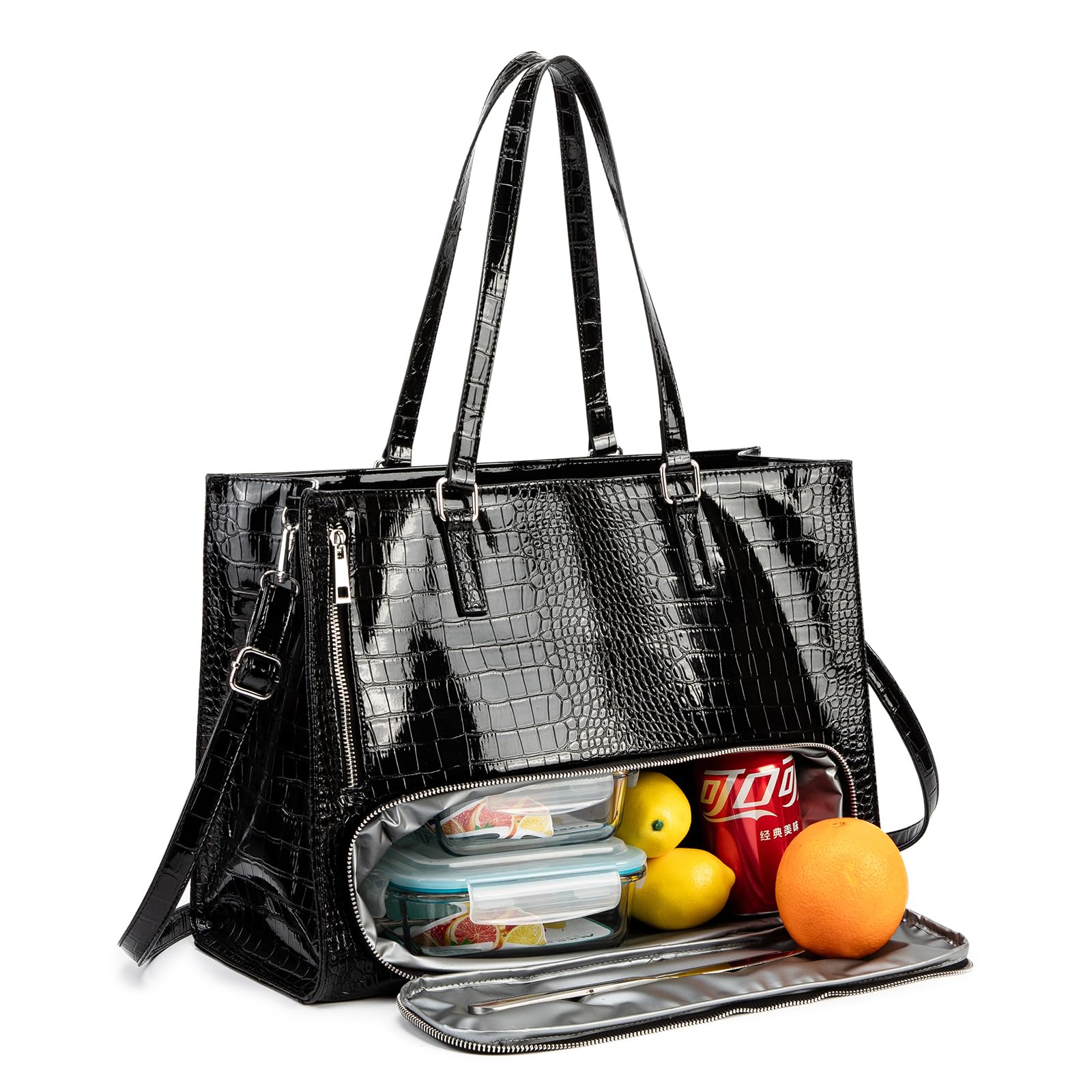 ROYALFAIR Bolsa de almuerzo para mujer, 2 en 1, con compartimento de refrigeración y bolsa para el ordenador portátil de 15,6 pulgadas, gran bolsa de trabajo para oficina, trabajo y universidad (negro