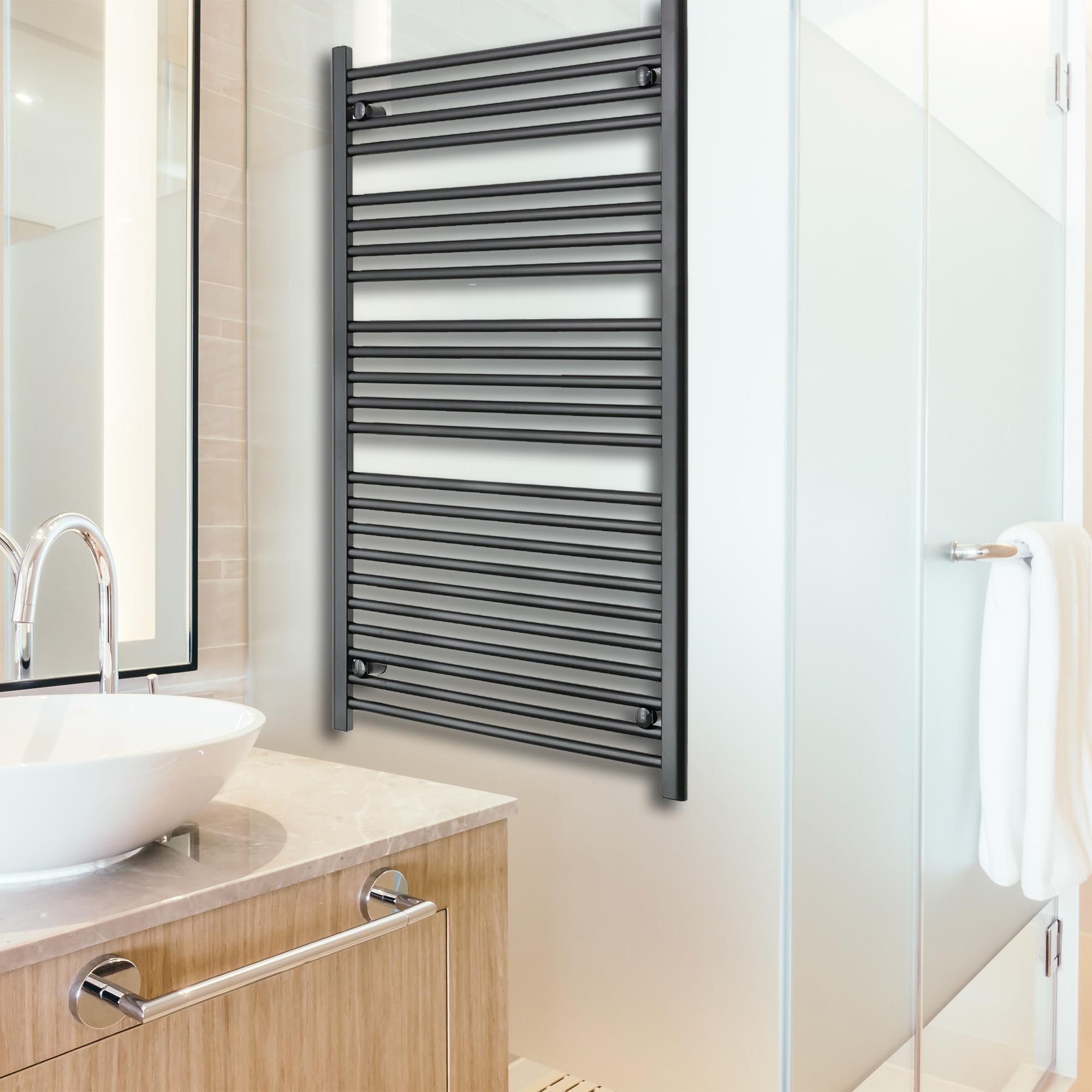Turkish Zone Black 550Mm Wide Heated Towel Rail Straight Flat Bathroom Warmer Radiator Rack Central Heating (550Mm Wide 1200Mm Height)