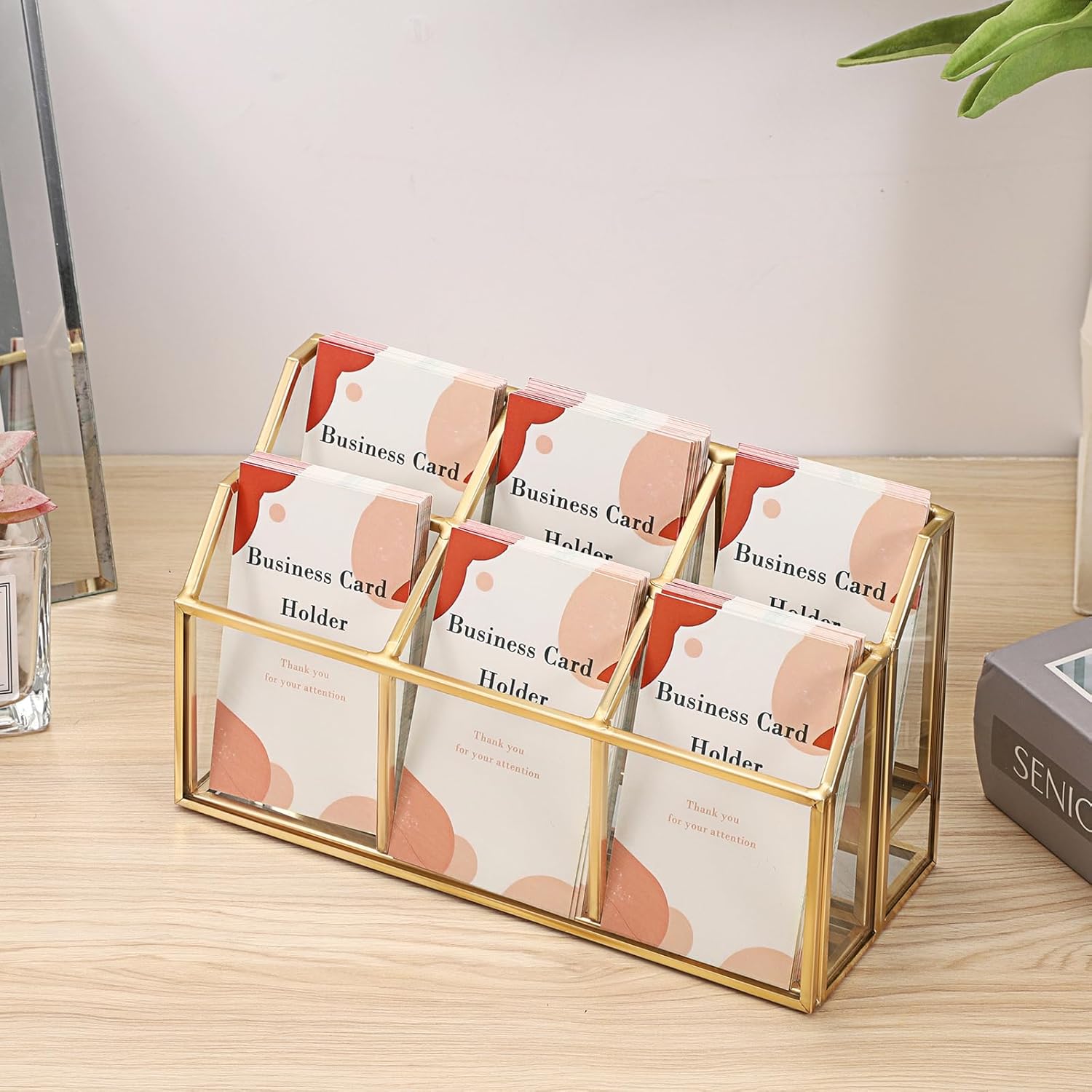 Hipiwe Business Card Display Stand Vertical Gold Name Card Holder with Mirror Metal Glass Desktop Organizer for Office Exhibition, 2 Layers 6 Slots