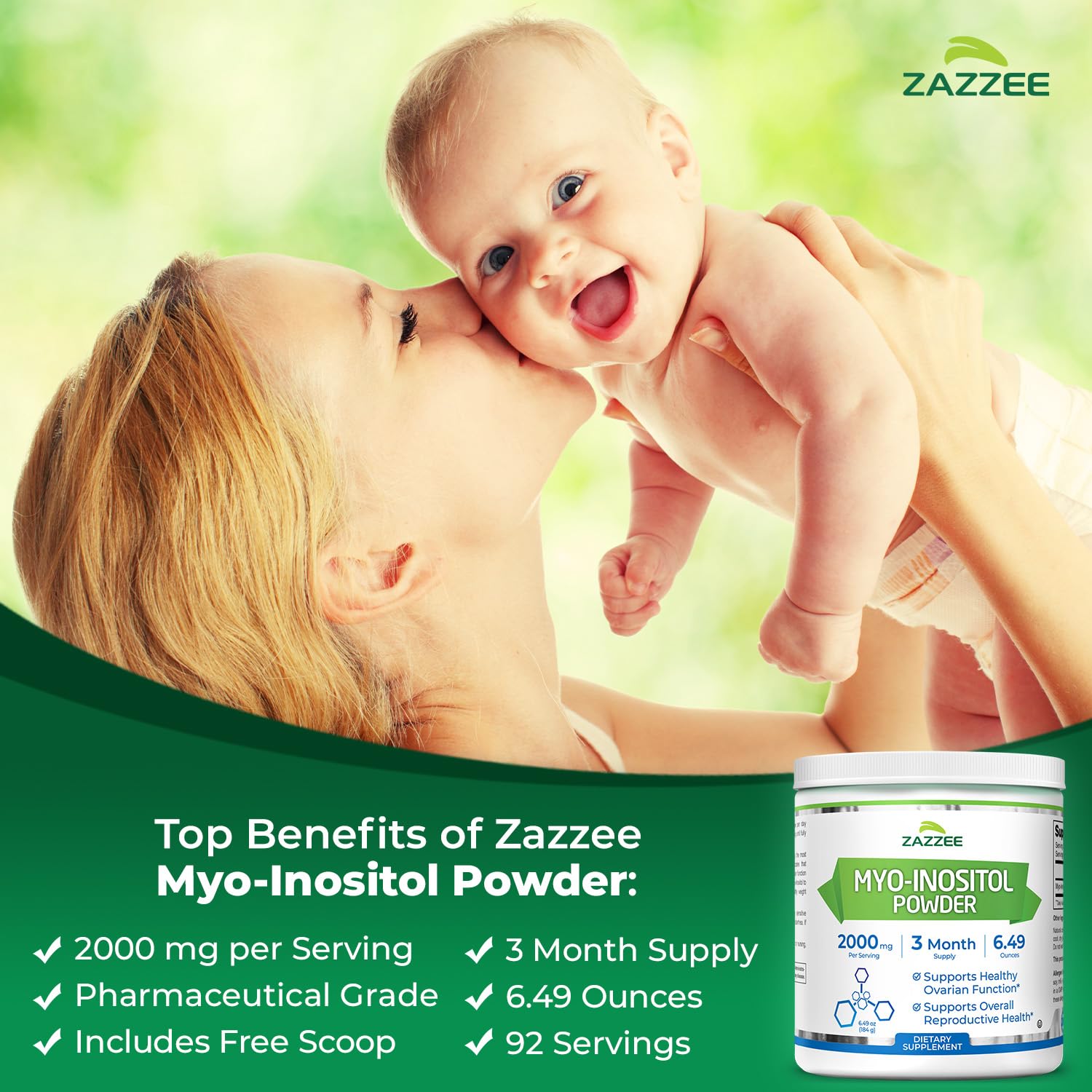 Zazzee Myo-Inositol Powder, 92 Servings, 2000 mg per Serving, 100% Pure — Amazon image 3
