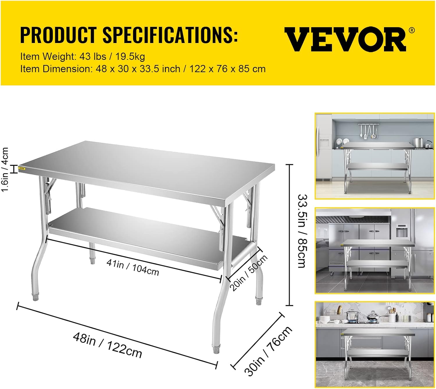 VEVOR Commercial Worktable Workstation 48x30 Inch Folding Commercial Prep Table, Double-Shelf Stainless Steel Folding Table, Kitchen Work Table with 772 lbs Load Silver Stainless Steel Kitchen Island : Industrial & Scientific
