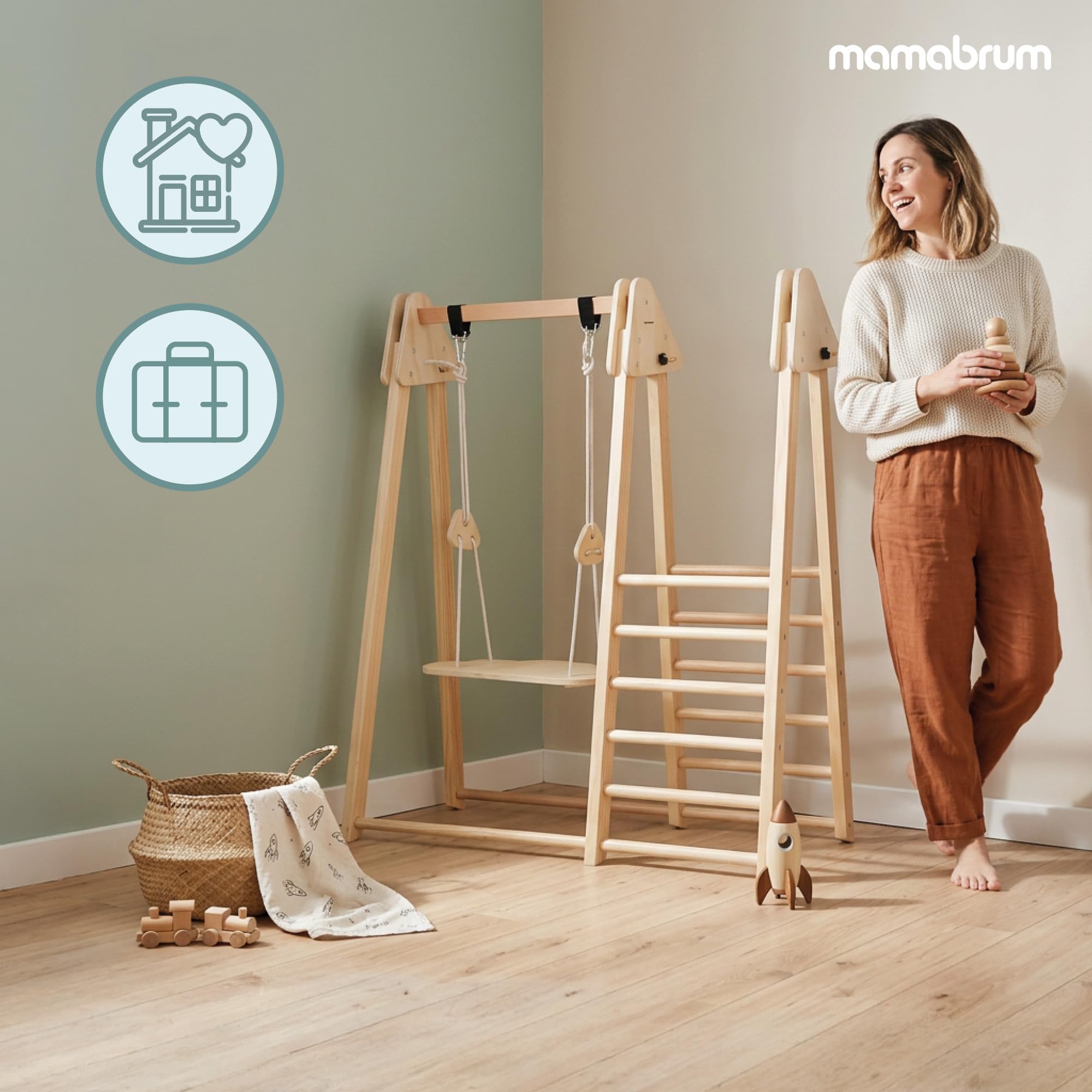 Mamabrum Indoor Spielplatz aus Holz 3in1 mit Rutsche, Kletterwand und Schaukel, klappbares Montessori Bewegungsset aus Buche, 118 x 105 x 119,5 cm, ab 3 Jahren