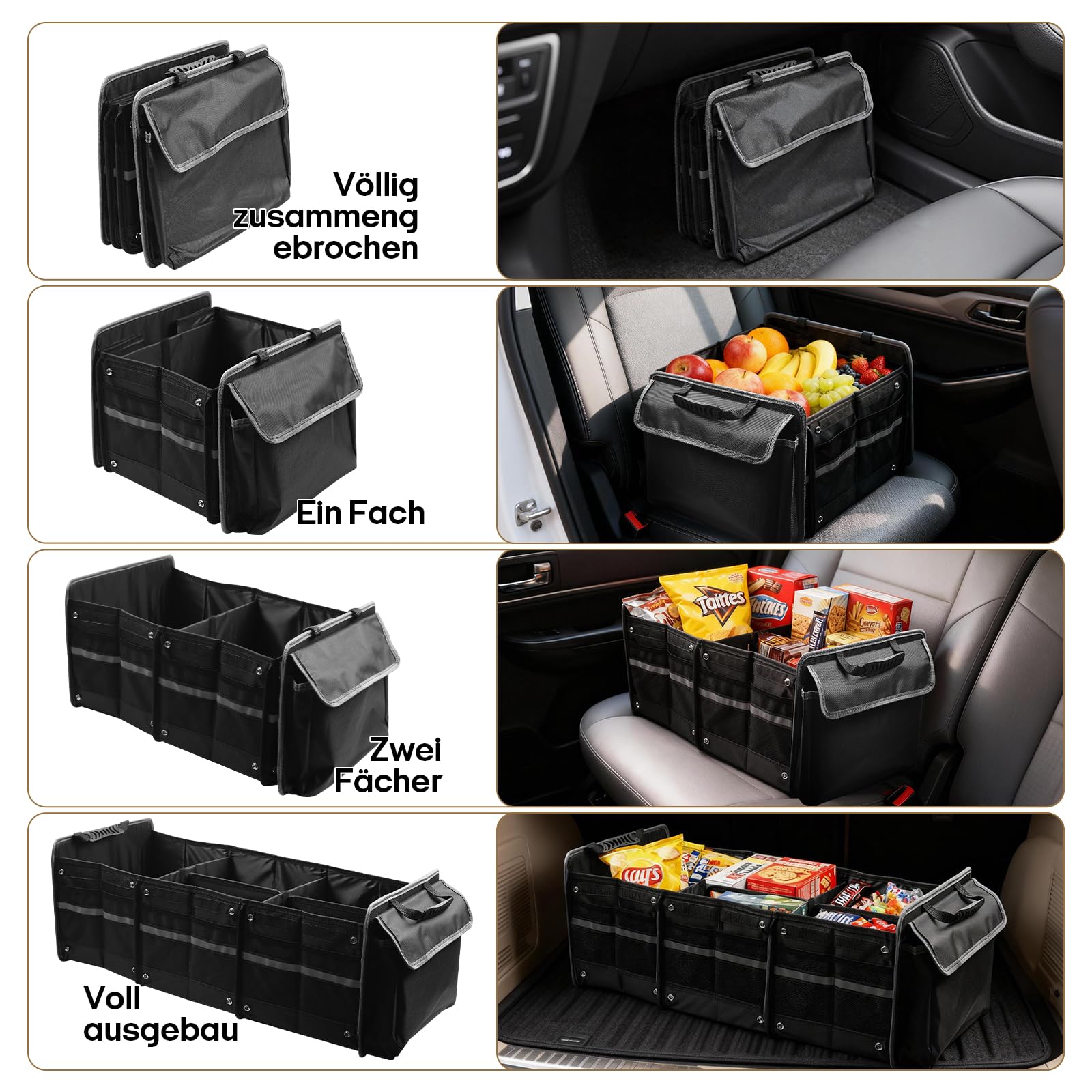 Organizer per bagagliaio auto, 94 l, pieghevole 5 in 1, con borsa termica integrata, 3 scomparti extra grandi e coperchio, contenitore regolabile per SUV Kombi, campeggio e uso quotidiano