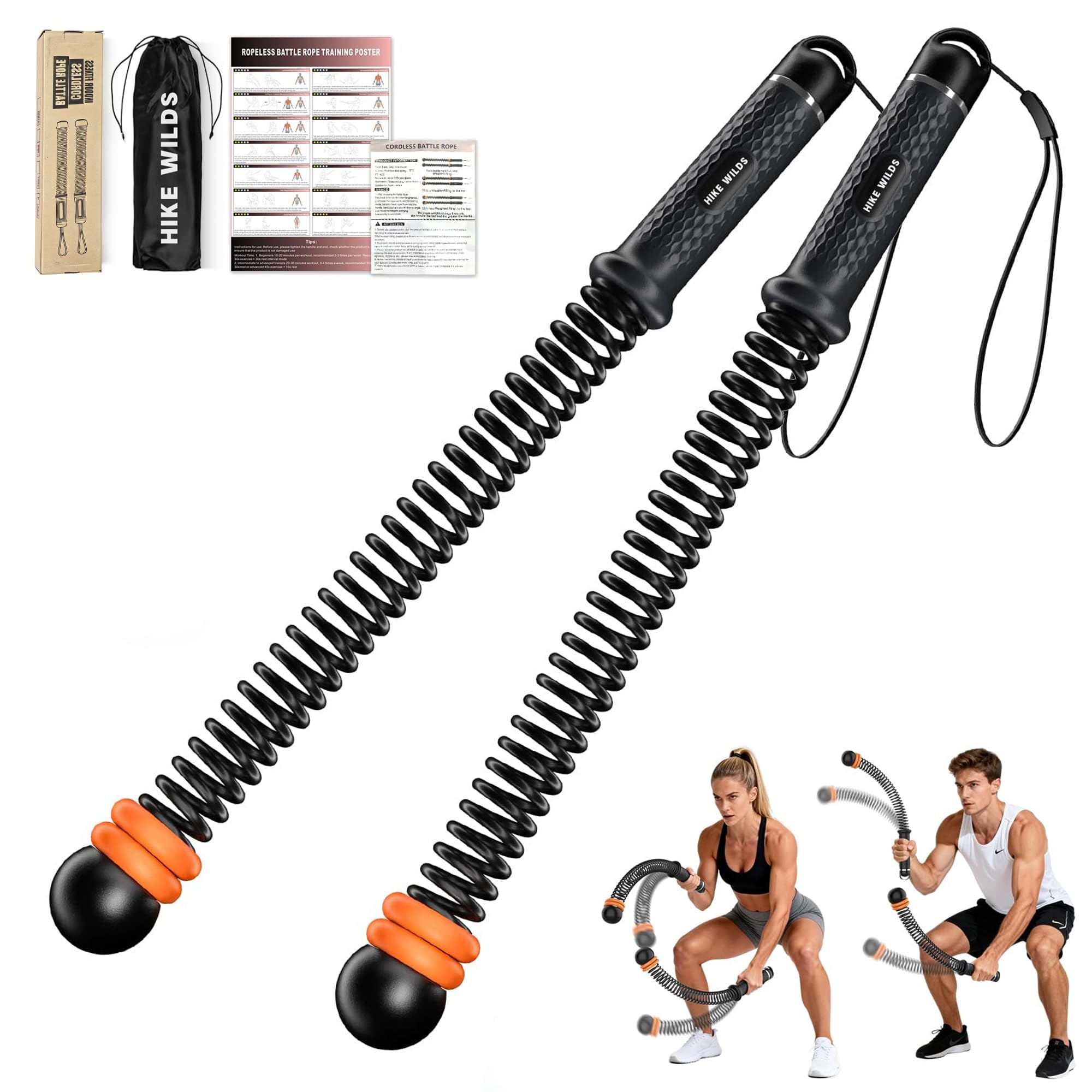 Adjustable Ropeless Battle Ropes for Home Gym,Cordless Battle Ropes with Storage Bag,Portable Workout Ropes for Strength & HIIT,Aerobic Training for Men & Women(Adjustable-Black(2pack))