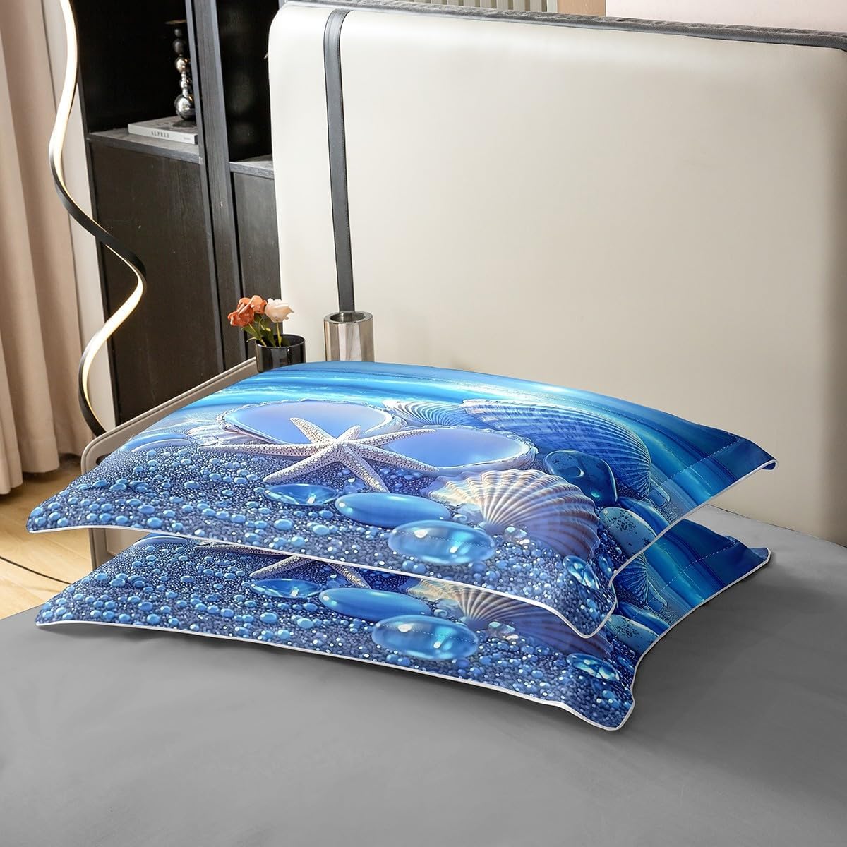 Feelyou Seashell Cotton Duvet Cover Set King Size Beach Bedding Set for Boys Girls Ocean Sea Blue Bedding Duvet Cover Set Room Decorations Bedspread Cover 3Pcs,No Stuffing