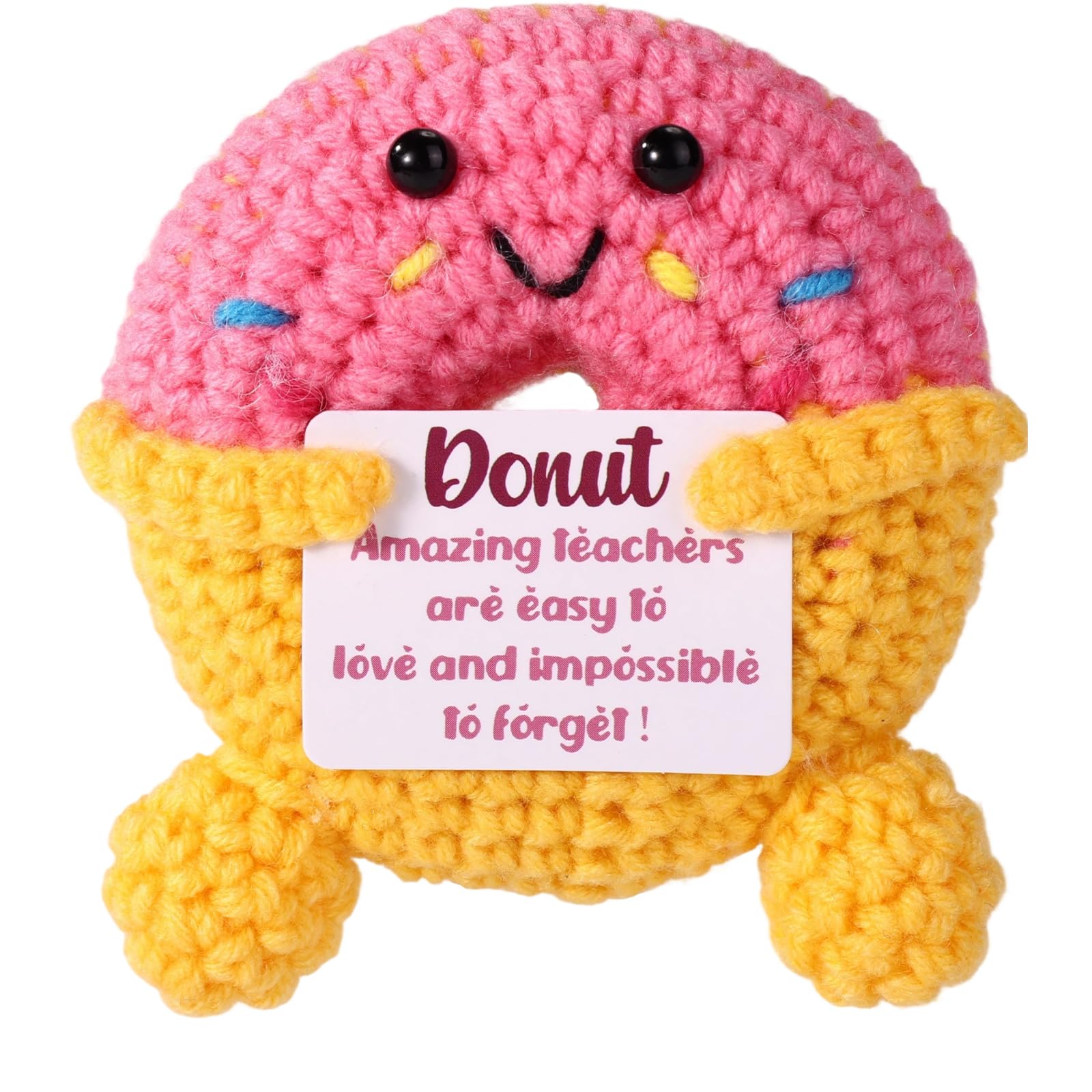 TOYMIS Crochet Donut for Teacher, Adorable Handmade Knitted Donut Positive Doll with Card Funny Inspirational Emotional Doll Suitable for Birthday Thanksgiving Retirement