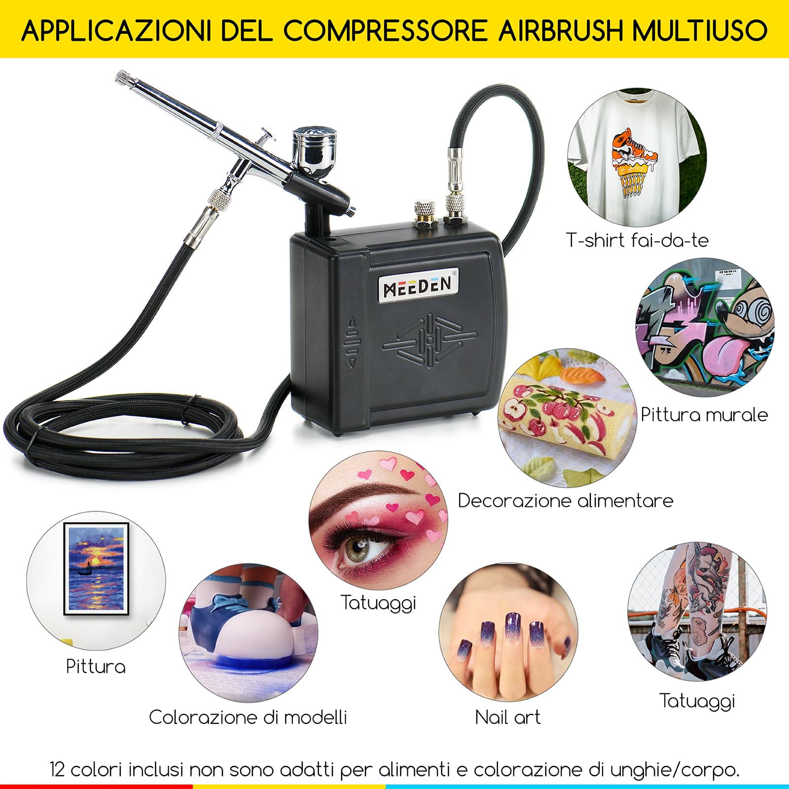 MEEDEN Aerografo per Modellismo: Compressore A Batteria Per Spazzole Ad Aria Auto Stop Con Tubo Dell'aria Da 1,8 M Per Decorazione Di Torte Tatuaggio Graffiti Pittura Decorazione Di Torte - Nero