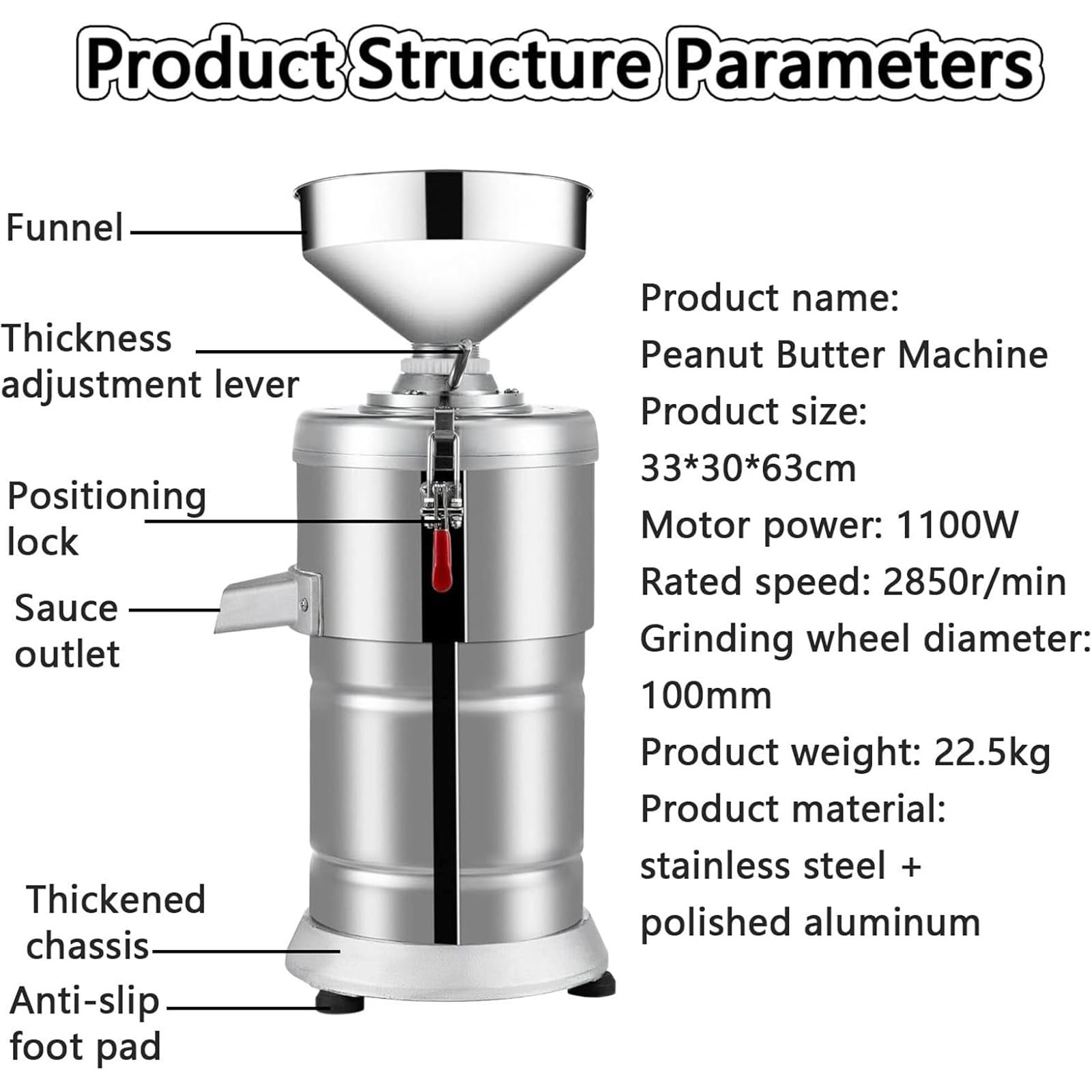 Smerigliatrice elettrica commerciale per burro di arachidi, 1100 W, 100 mm, 15 kg/h, adatta per cucina domestica e uso commerciale
