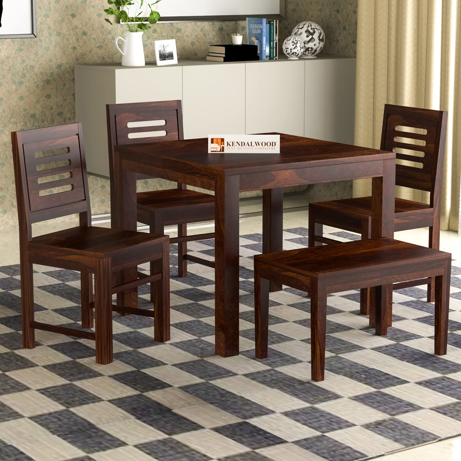 KENDALWOOD™ Furniture | Sheesham Wood Dining Table with 3 Chairs 1 Banch | 1 Year Warranty | 4 Seater Dining Set | Wooden Dining Table with Chair (Finish Color :- Walnut Finish) -DIY(Do-It-Yourself)