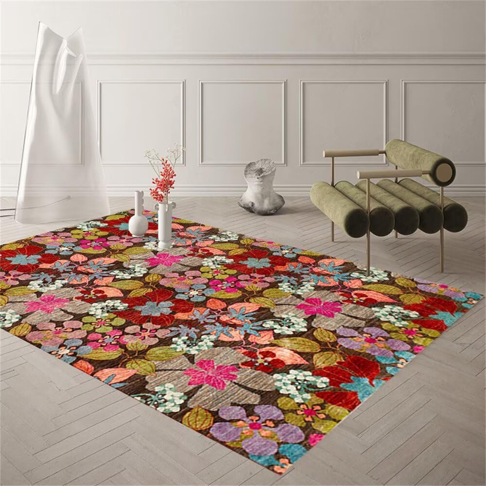 Tapis design floral grand tapis salon lavable 200x250cm rouge vert table basse