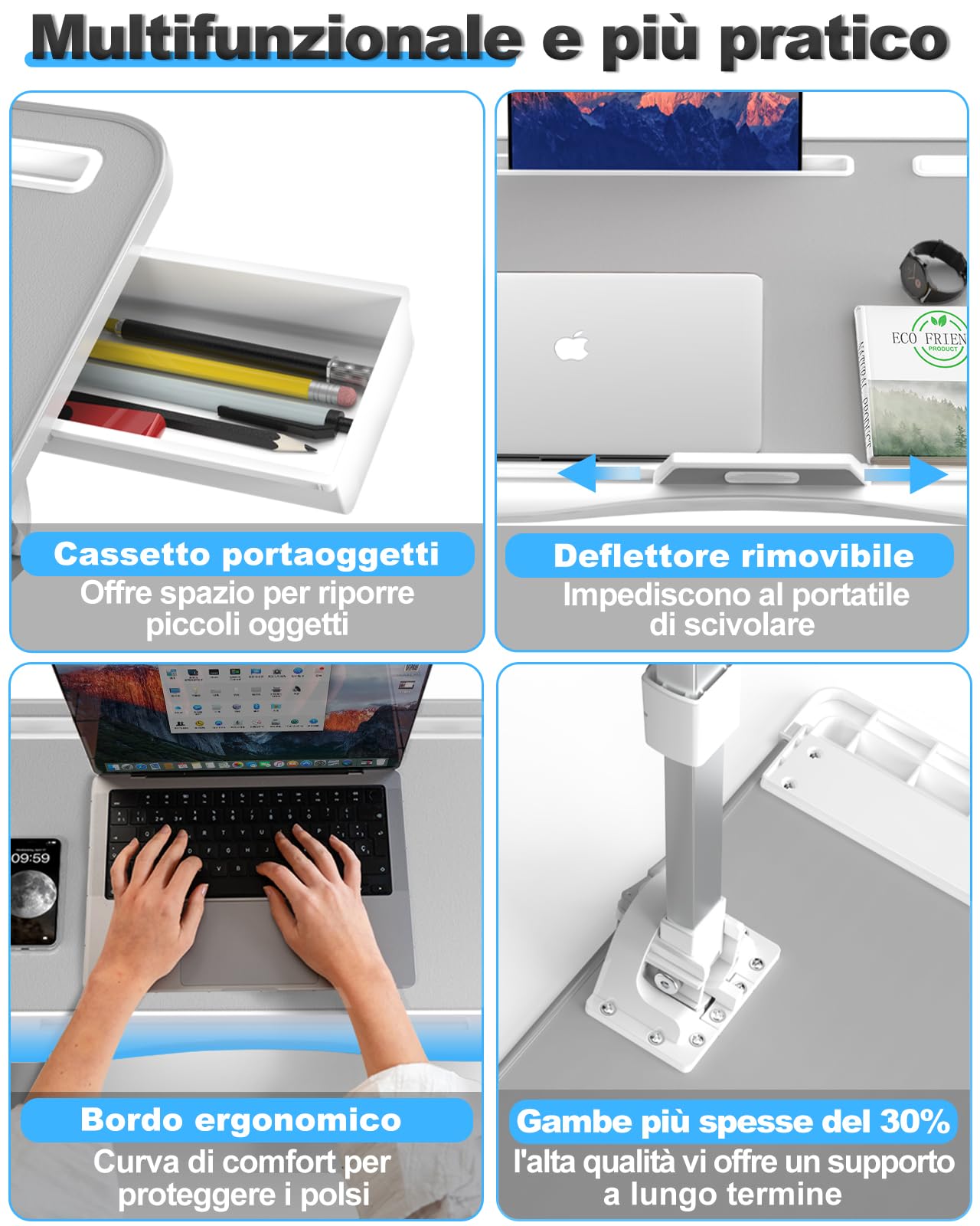 Potuopy Tavolino da Letto, Tavolino Porta PC Angolare Regolabile in Altezza in Pelle, Vassoio da Letto Pieghevole X-Large per Lavorare, Leggere e sul Pavimento del Divano Letto (Grigio, 60 * 40cm)