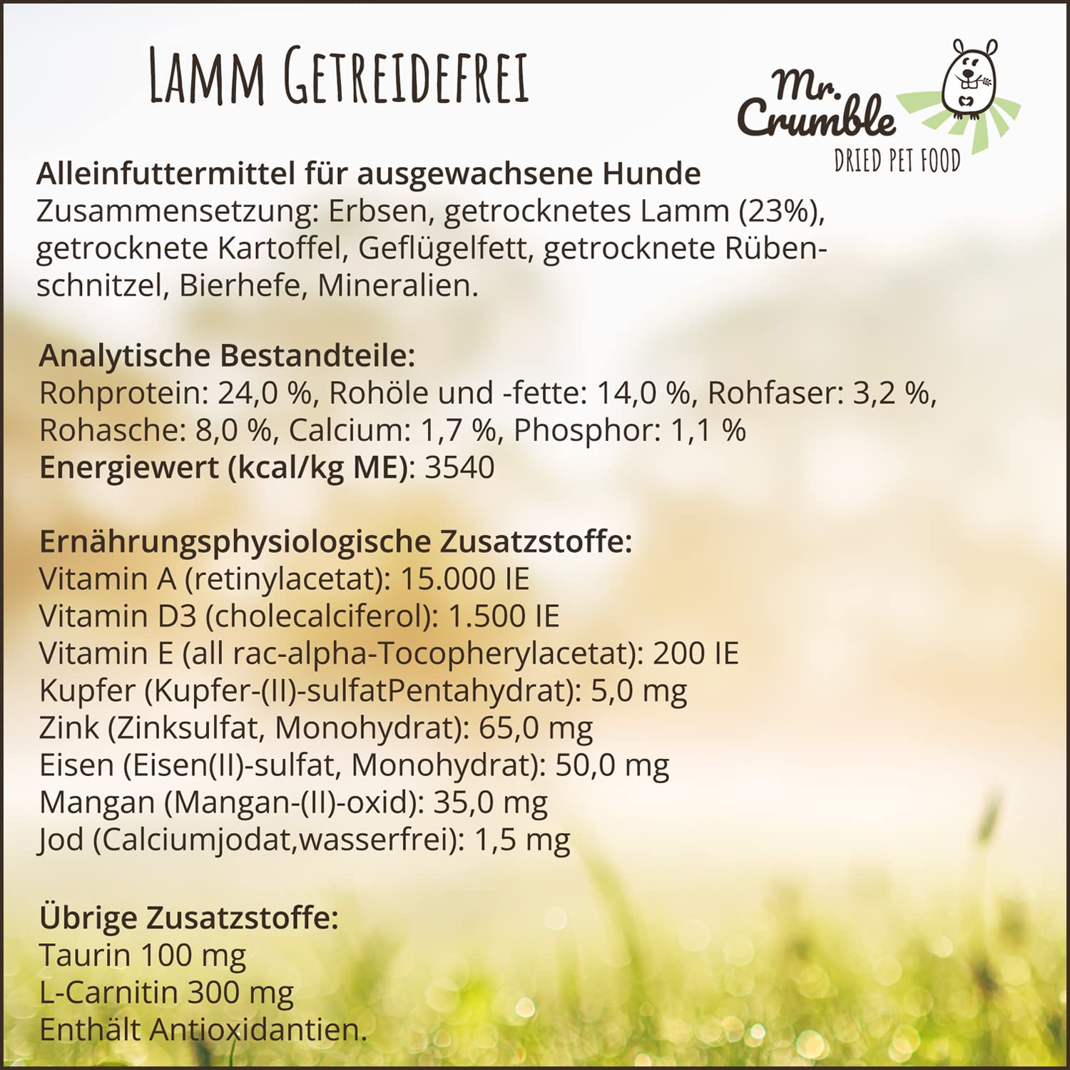 Mr. Crumble Dried Pet Food Hundefutter trocken getreidefrei mit Lamm hypoallergen 15 kg