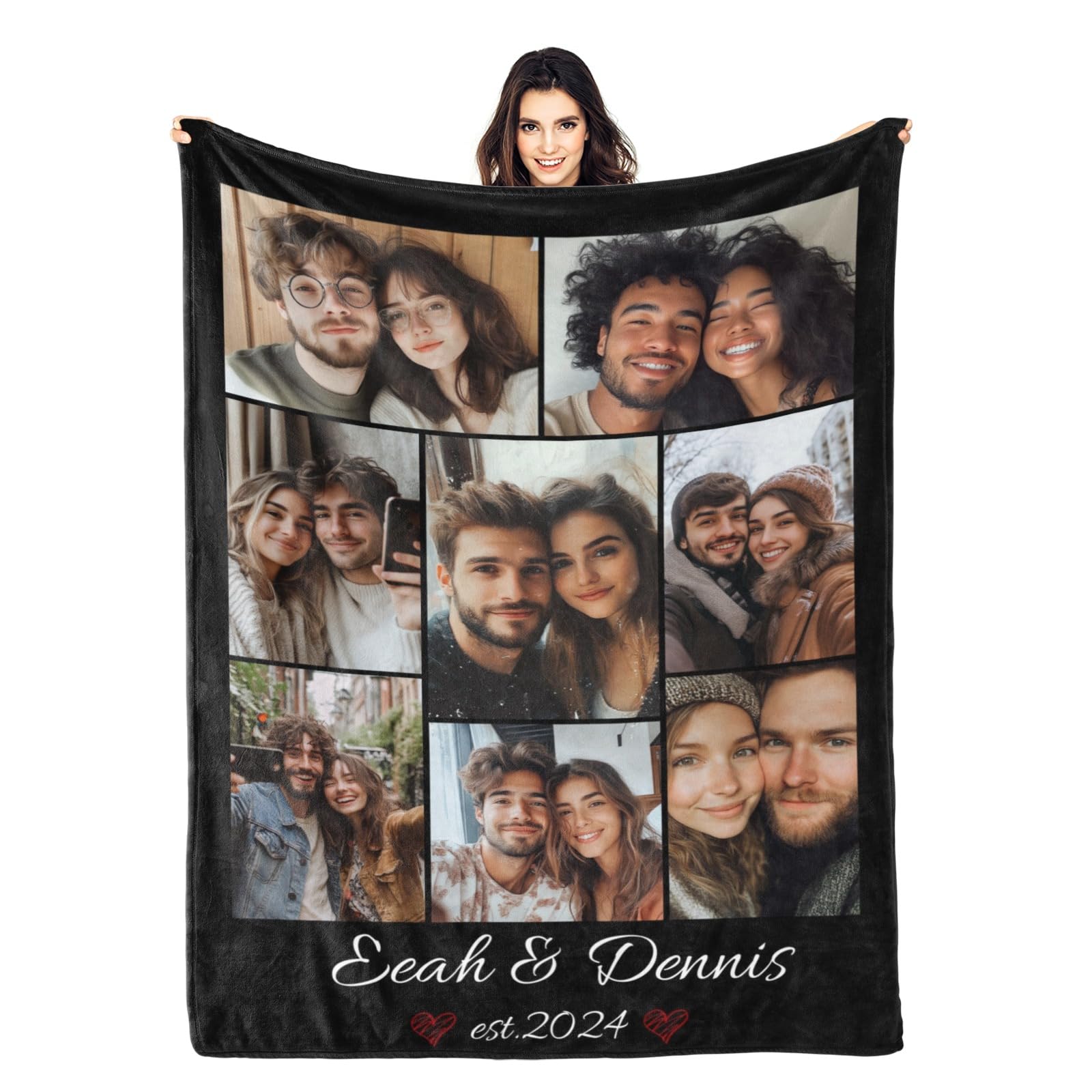 Custom Valentine's Day Blanket With Picture Name - Personalized Photo Throw Blanket Gift for Him/Her From Boyfriend, Girlfriend, Wife, Husband, Couple