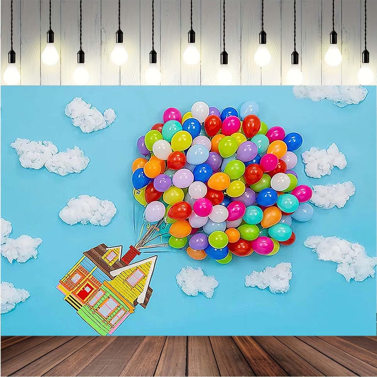 Adventure Up Up and Away Balloon Blue Sky White Cloud Birthday Party Decor Backdrop Girls Boys Adventure Begins Background Colorful Balloons House Photography Background Photo Studio (7X5FT)