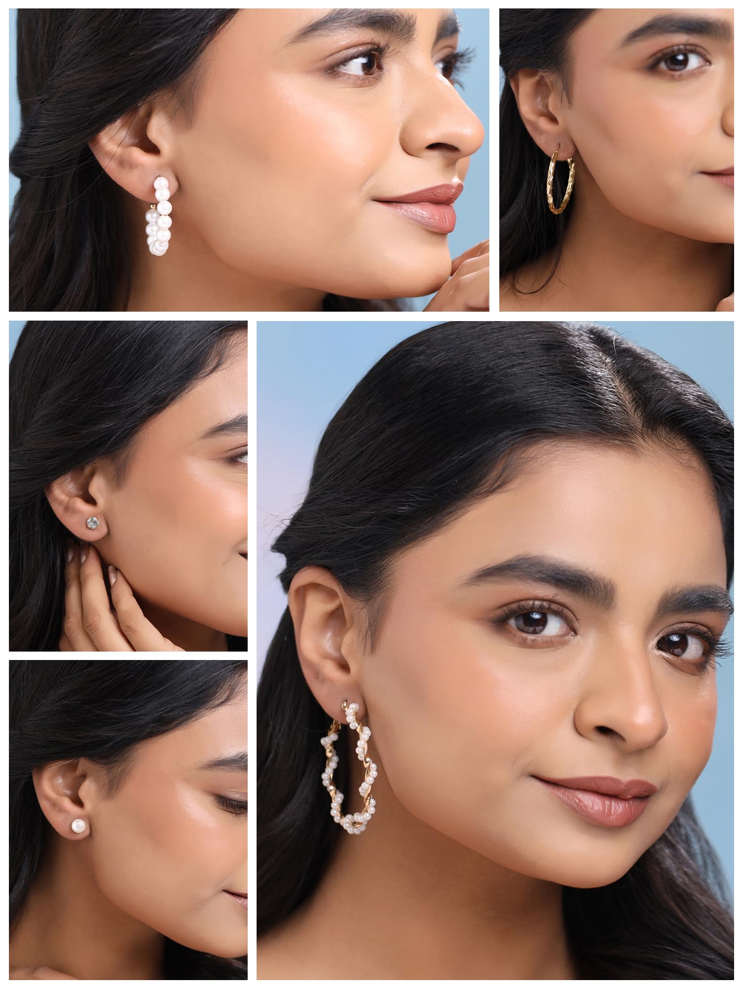 Yellow Chimes Combo of 6 Pairs Crystal Pearl Gold Plated Stud Hoop Earrings Set for Women and Girls, gold, white (YCFJER-STUDHOOP-GL) 1