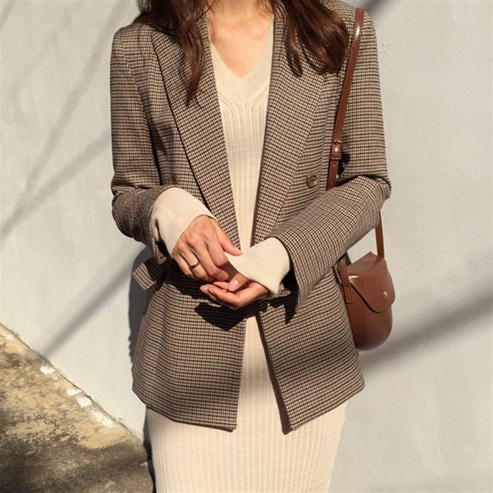 Doble Oficina de pecho señoras de la tela escocesa de la chaqueta de manga larga suelta capa del juego de la chaqueta de las mujeres Blazers Mujer