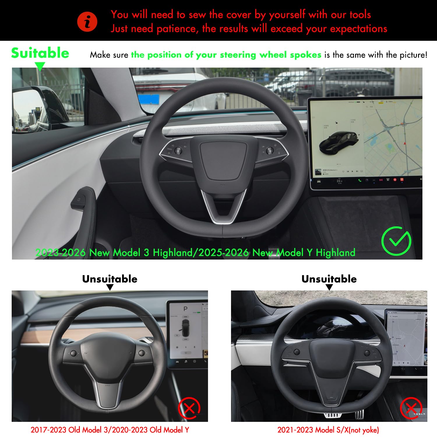 MEWANT Hand Stitched Matte Carbon Fiber&PU Leather Steering Wheel Cover Wrap for Tesla Model 3 Highland 2023 2024 2025 Steering Wheel Accessories