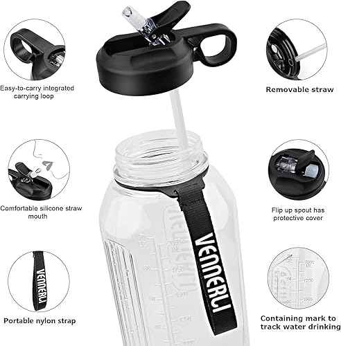 Miniatura 5 de VENNERLI - Botella de agua grande con pajilla, botellas de agua deportivas portátiles con asa de 2.2 litros, grandes jarras de agua de plástico sin