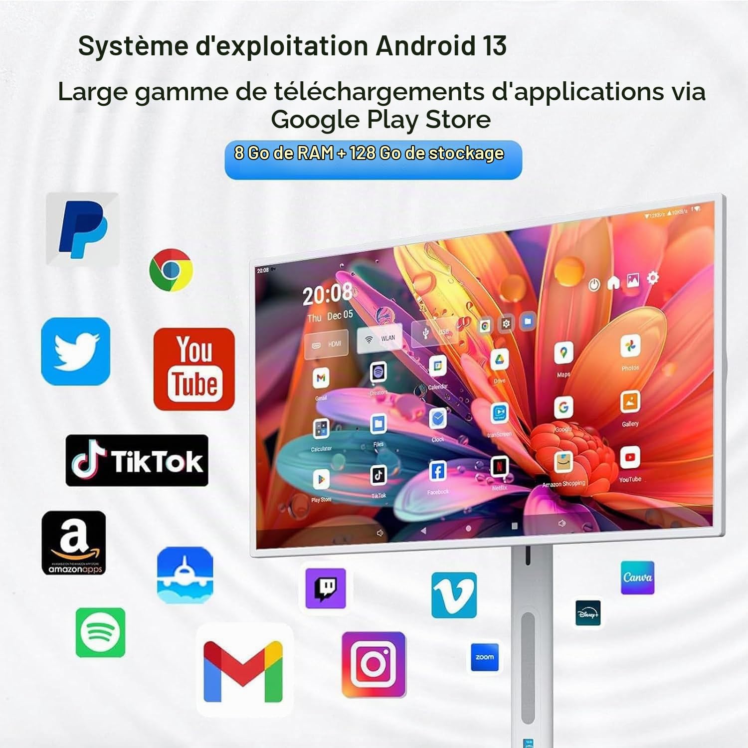 Téléviseur intelligent portable avec écran tactile,résolution 1080p,sur roulettes,pied de sol réglable et rotatif à 360°,batterie intégrée de 8 heures,Système d'exploitation Android 13 21.5in-8G128G