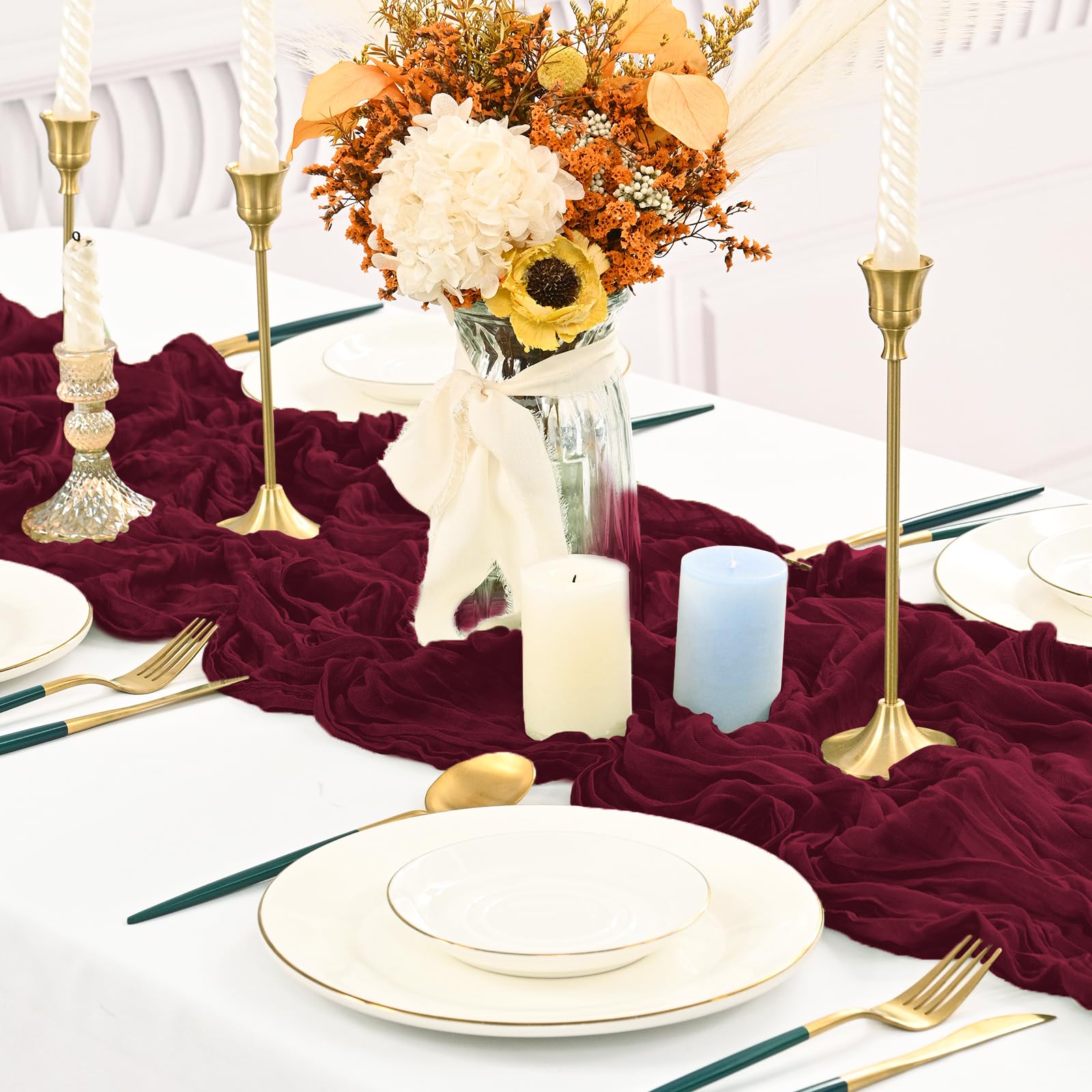16 Pack Gauze Cheesecloth Table Runner Burgundy ,10ft Long Rustic Gauze Boho Wedding Table Runners 21.5 x 120 Inch for Wedding,Bridal Shower,Party,Banquet Decoration - Image 2