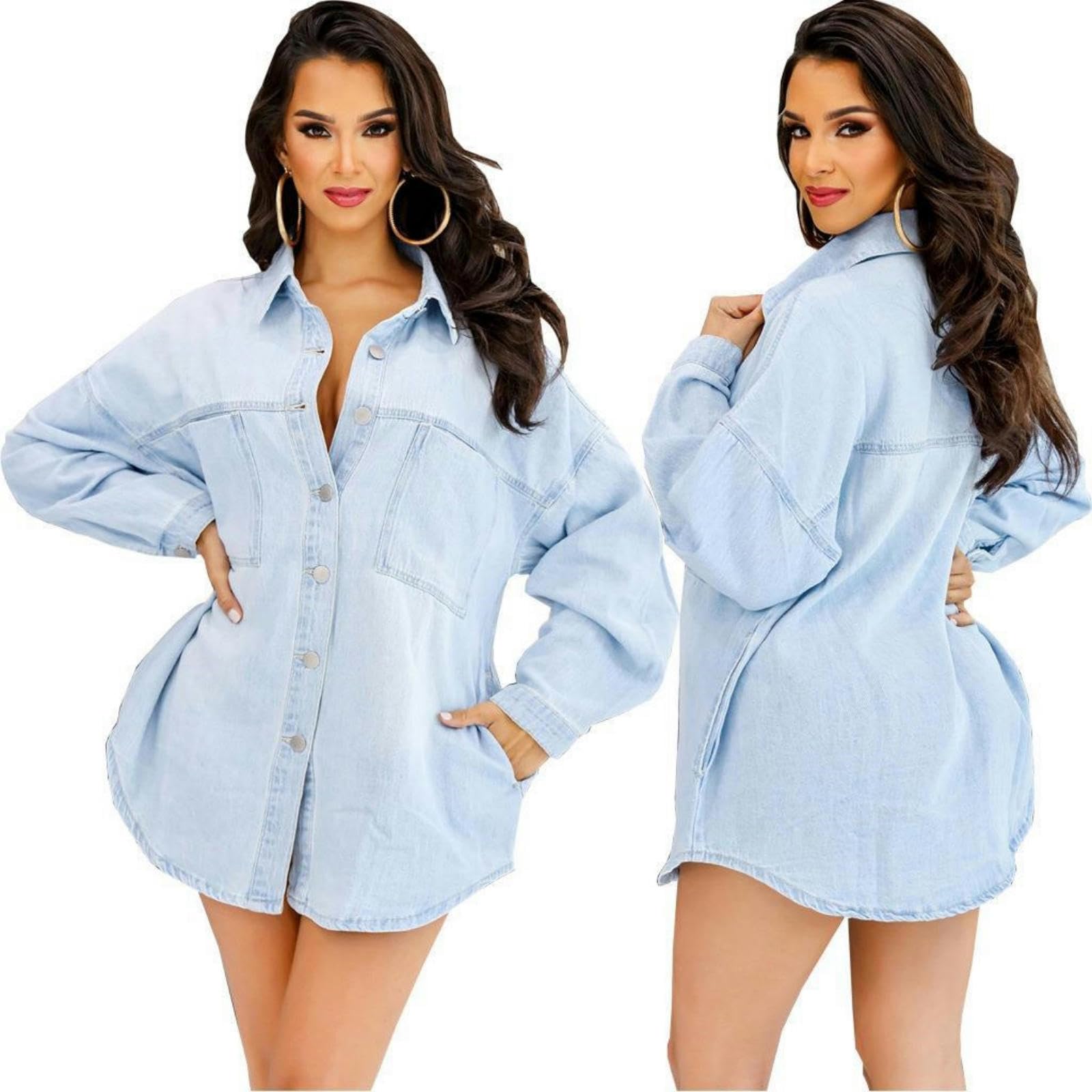 Giacca Jeans Donna Giacca di Denim A Maniche Lunghe Lapel Button Down Giacca di Denim di Lunghezza Media Sciolta Giacca di Denim-Wathet-XXL