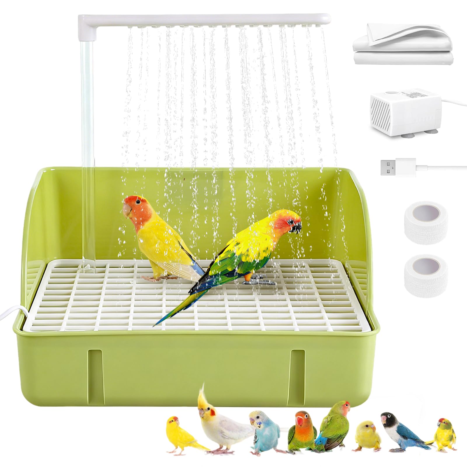 DINTSTYLE Parrot Bathtub, Large Bird Shower Fountain, Automatic Bird Bath, Parrot Bath Shower, Automatic Bathtub with Circulating Faucet, Indoor Fountain with USB Pump, Green