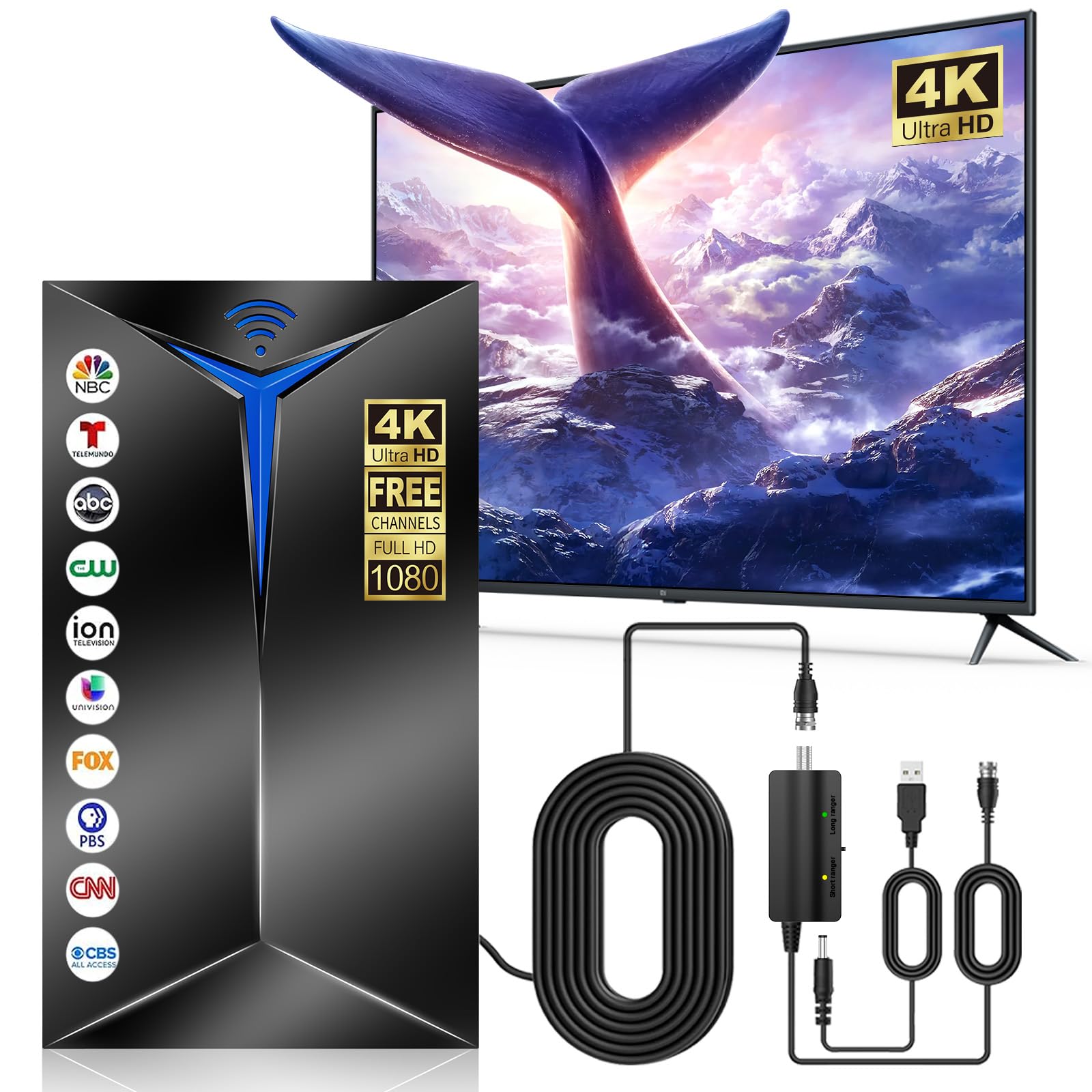 2026 Upgraded TV Antenna with Inline Amplifier, 2200+ Miles Long Range for Local Channels, Indoor Outdoor HDTV Antenna for Smart TV - Clear Reception for 8K 4K 1080P, 26ft Cable