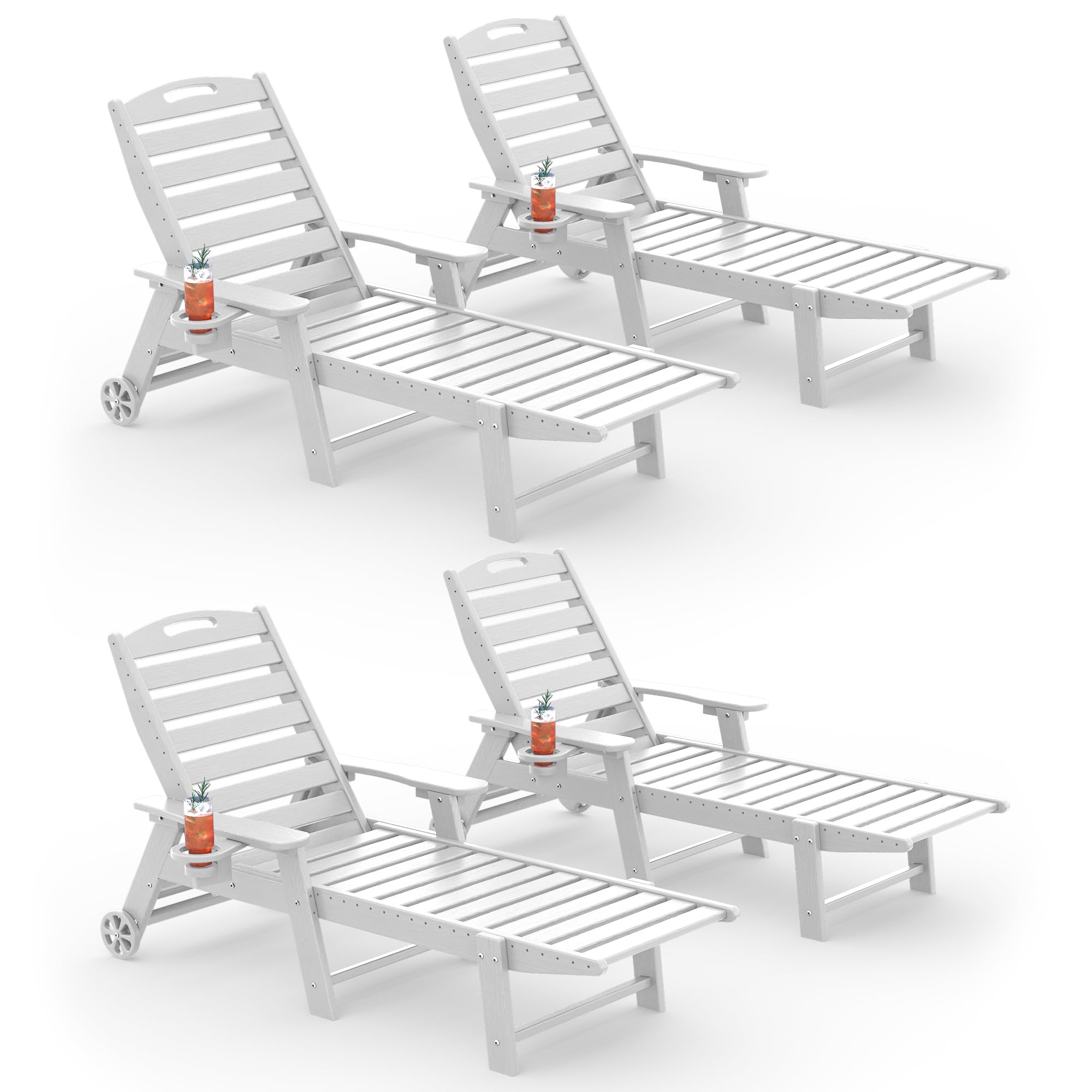 Chaise Lounge Outdoor Set of 4, Lounge Chair Outdoor with Wood Texture, Adjustable 5-Position Backrest, HDPE Lounge Chair with Wheels &amp; Cup Holder for Pool Deck Backyard, White