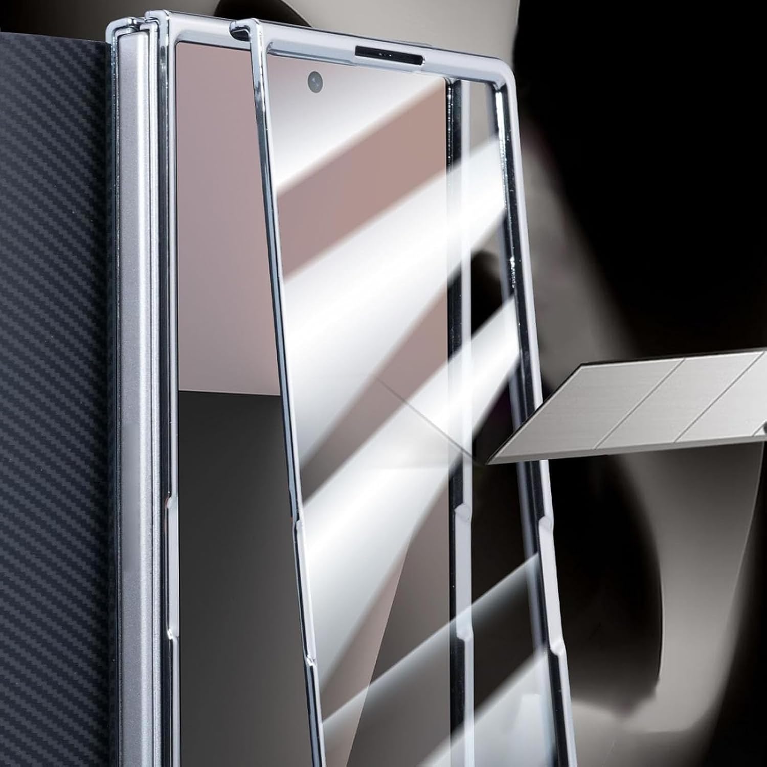 Carbon Fiber Flip Case for Samsung Galaxy Z Fold 7, Leather Business Cover with Screen Protector, Card Slots & Stand(Brown)