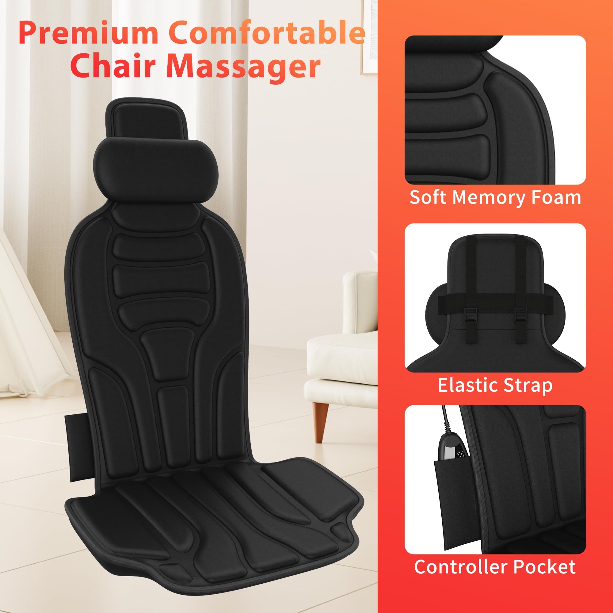 Rückenmassagegerät mit Wärme, 8 Motor Vibration Stuhl Massagekissen mit Beheiztem Nackenkissen, 5 Modi & 2 Wärmestufen, für Bürostuhl, Sofa und Relaxer, Mitternacht