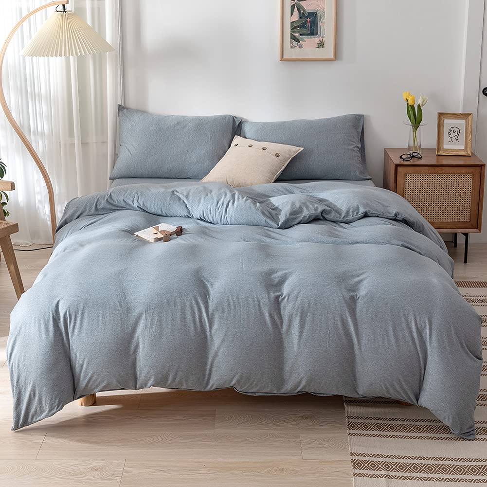 DOUH Jersey Knit Cotton Duvet Cover Set, Comfy 3 Piece Solid Pattern Bedding Sets 1 Duvet Cover and 2 Pillow Shams Suprt Soft Blue Grey King Size