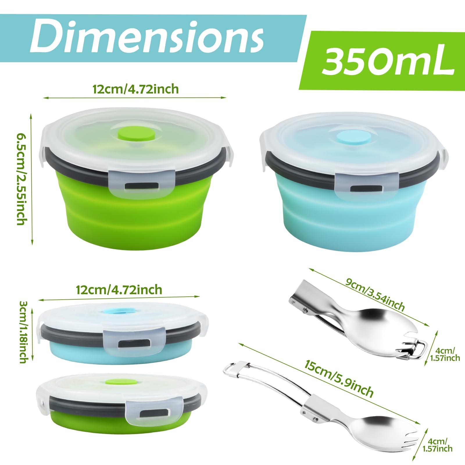 Ciotola pieghevole Campeggio, 2 Pezzi Ciotola In Silicone Portatile con 2 Pezzi Forchetta e Cucchiaio Pieghevoli 2 in 1, ciotola da Campeggio Portatile con Coperchio per Campeggio, Picnic, 350ML