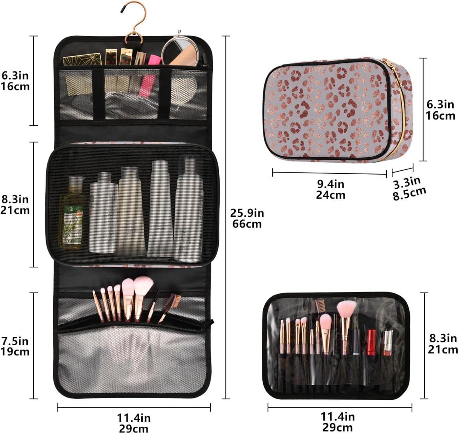 MNSRUU Toiletry Bag Elegant Rose Gold Leopard Hanging Makeup bag for Toiletries 3 PCS Travel Toiletry Organizer Bags Portable Clear Toiletry Kit