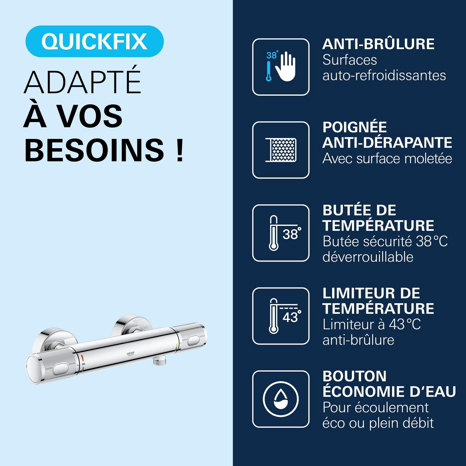 GROHE mitigeur robinet thermostatique douche Precision Feel, montage mural, indicateur de température, poignées moletées, filtres intégrés, rosaces incluses, chromé, 34790000 (Import Allemagne)