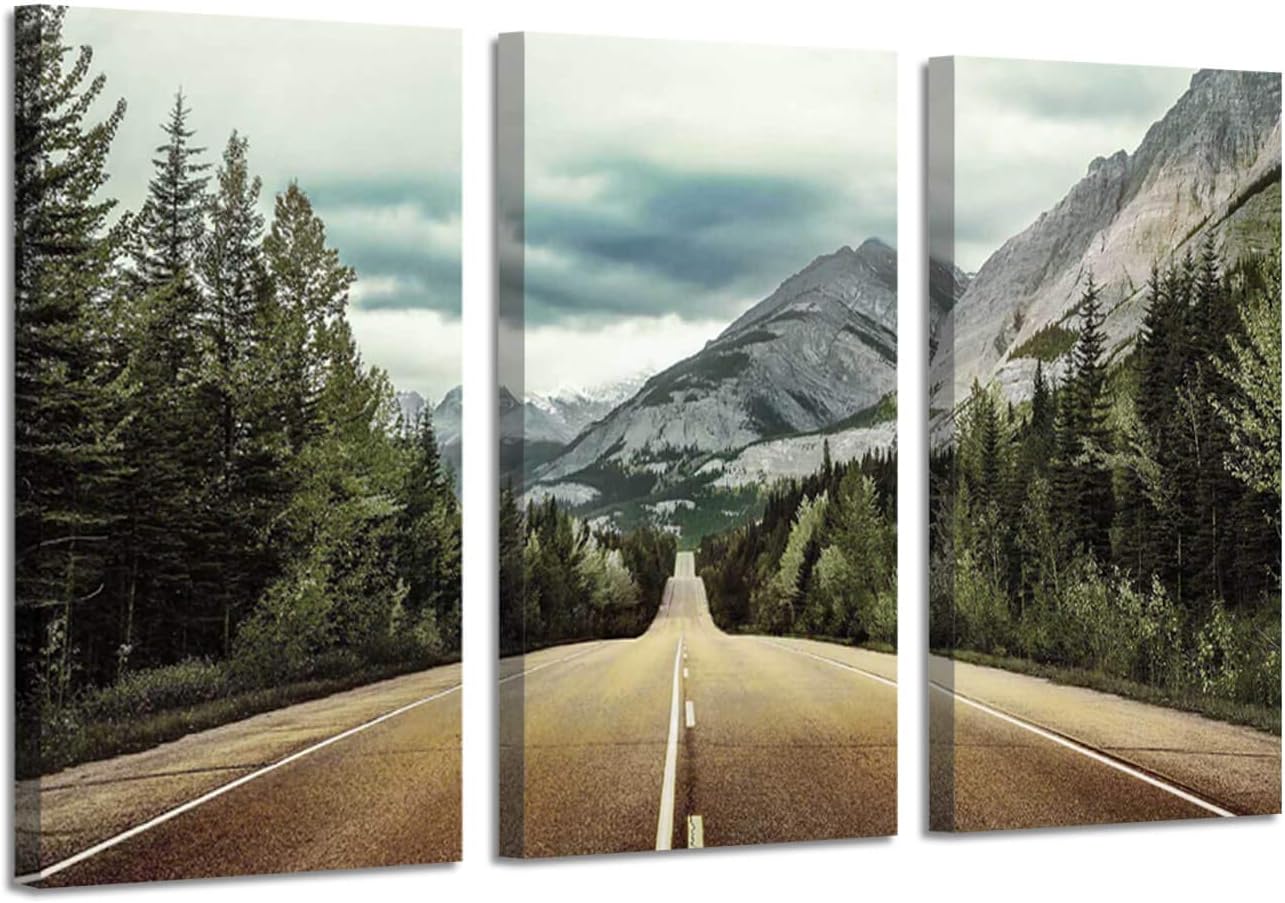 Nature Mountain Artwork Painting Pictures: Landscape Road to Cloudy Rocky Mountain and Pine Trees Canvas Wall Art for Living Room (26''X16''x3panels)
