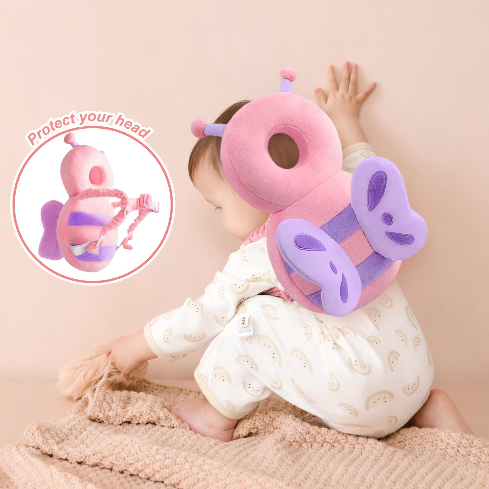Zaino protettivo per la testa del bambino, cuscinetti di sicurezza regolabili per imparare a camminare, zaino per protezione della testa per bambini da 4 a 24 mesi che gattonano, farfalla in peluche