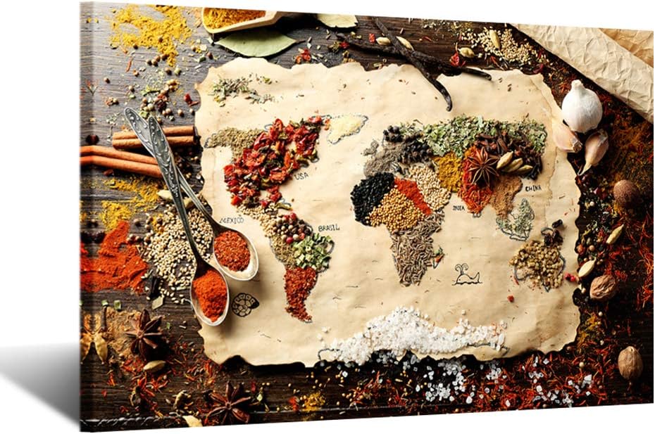 iKNOW FOTOCanvas Wall Art World Map Made up of Spices Kitchen Artwork Modern Kitchen Decor Gallery Canvas Wraps Giclee Print Stretched and Framed Ready to Hang 24x36inch