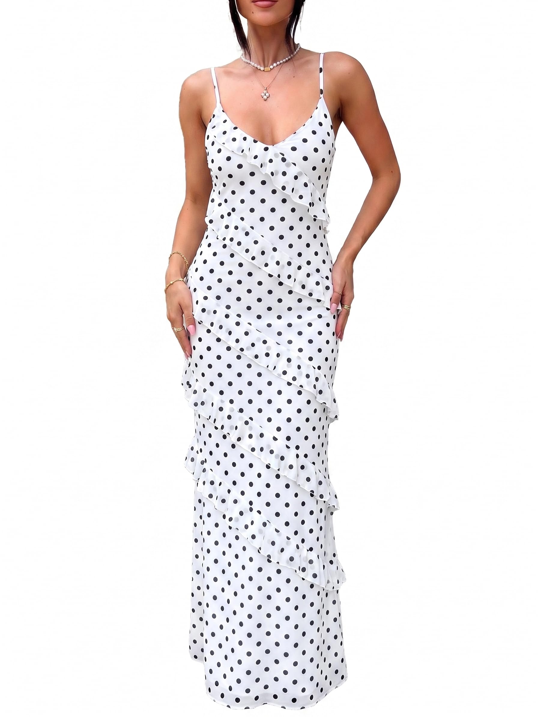 HOCILLE Women's Sexy V Neck Mesh Bodycon Wedding Guest Cocktail Maxi Dress | Sundress Spaghetti Strap Elegant Ruffle Party Long Dresses