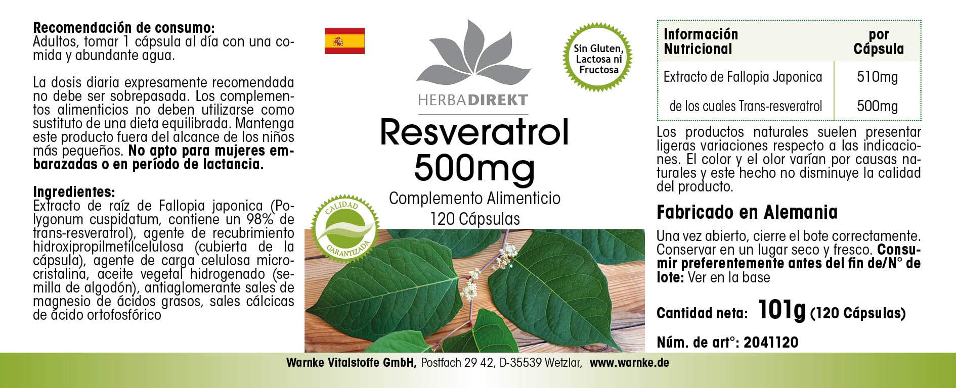 Resveratrolo 500mg - altamente dosato - vegan - 120 capsule - | HERBADIREKT by Warnke Vitalstoffe - Qualità da farmacia tedesca