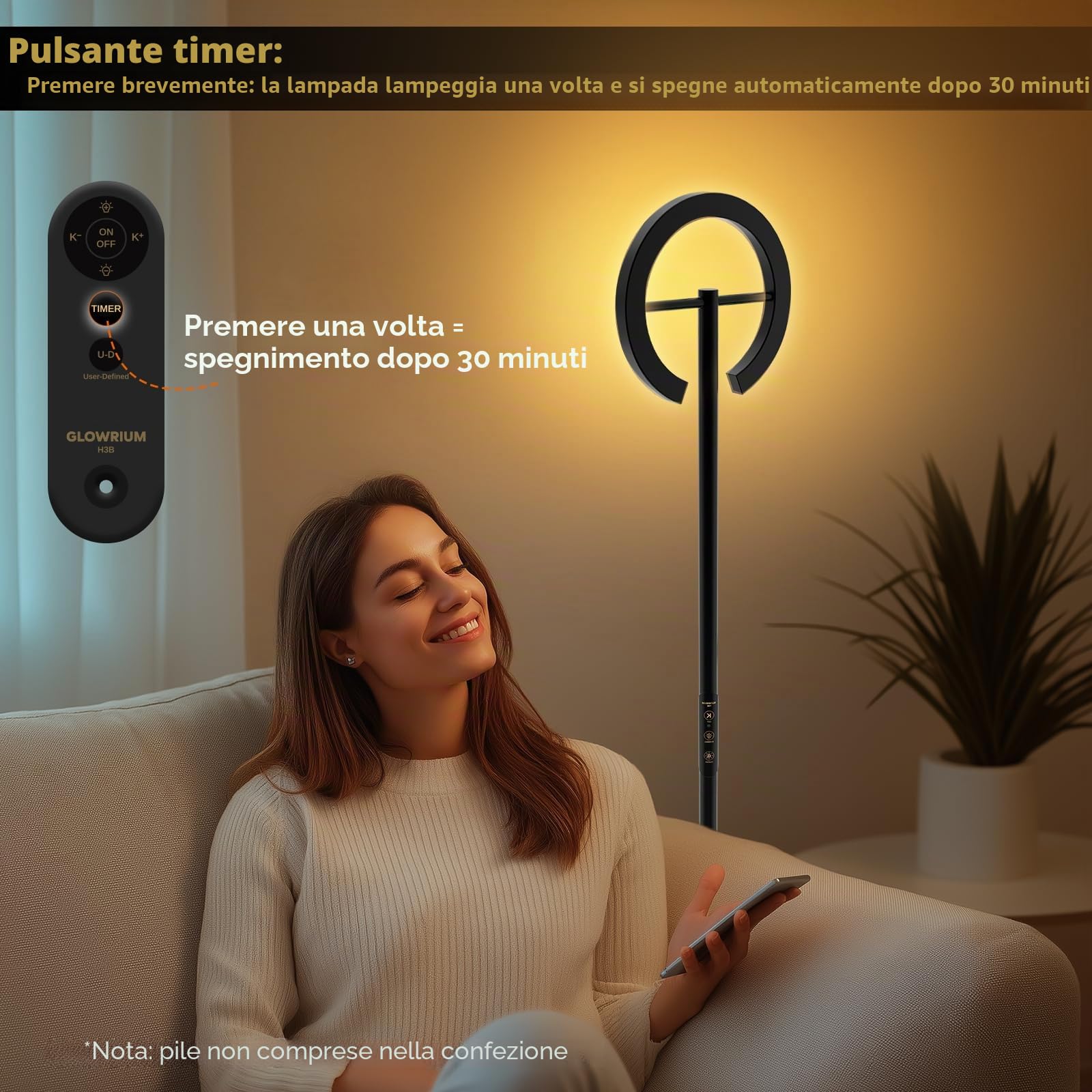 Lampada angolare a LED luminosa da 71 pollici con telecomando (batteria non inclusa), dimmerabile senza interruzioni, lampada da lettura girevole, 2700-6500K, moderna lampada da pavimento luminosa per