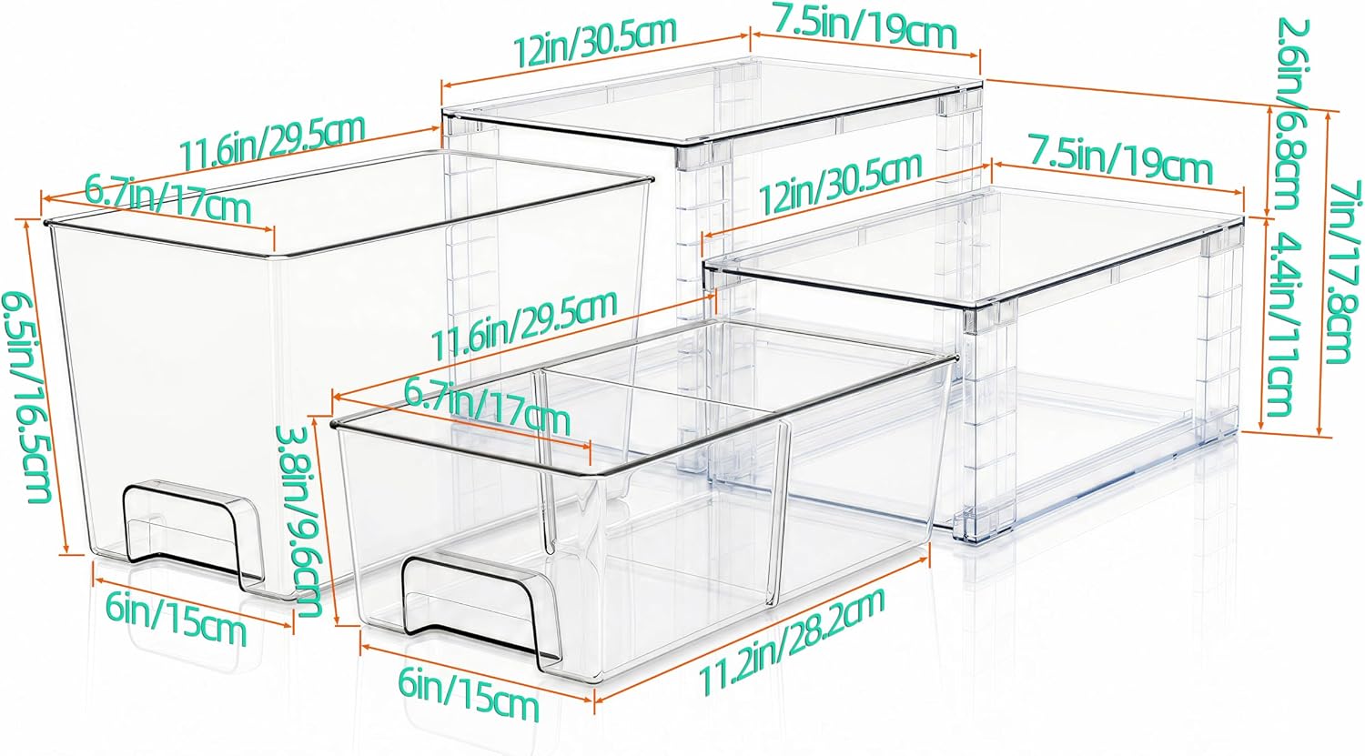 Clear Stackable Acrylic Storage Drawers(4 Pack), Plastic Organizer Bins with Handles, Easy Assembly for Bathroom Kitchen Pantry Cabinet Under Sink Snack Home Storage Solutions