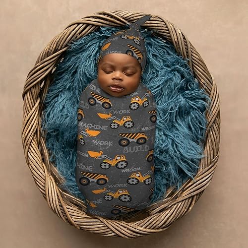 Miniatura 6 de Kids Construction Machines - Manta para envolver recién nacidos, con juego de gorro, saco de dormir suave para bebé, elástico y ajustable, mantas de