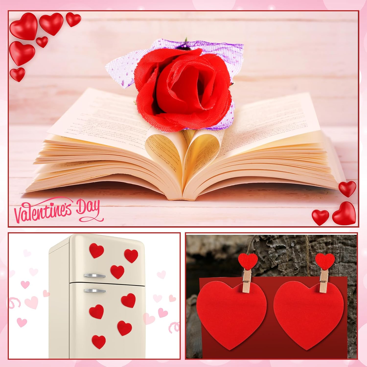 Yexiya 120 Sets Valentine's Day Flower Rose Pen Bulk Gifts with Sticky Notes Heart Clips Goodie Bags for Women Teacher Cowork Nurse Office Gift (Red)