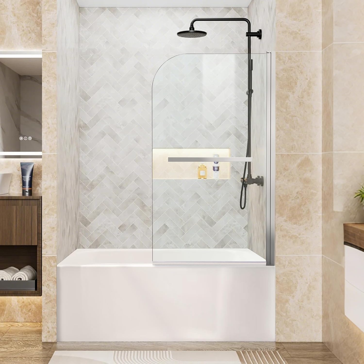 Bathtub Shower Door, 34" W x 58" H Hinged Bathtub Glass Door Semi-Frameless Bypass 1/4"(6mm) Tempered Glass Shower Door with Explosion-Proof Film Stainless Steel Silver