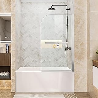 Bathtub Shower Door, 34" W x 58" H Hinged Bathtub Glass Door Semi-Frameless Bypass 1/4"(6mm) Tempered Glass Shower Door with Explosion-Proof Film Stainless Steel Silver